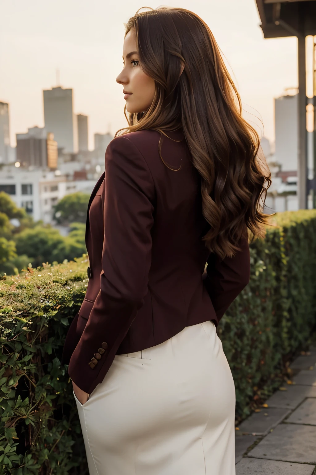 Women in the city, diverse and vibrant, go about their day with confident strides. One, a brunette in her thirties, sports long, wavy hair cascading down her back. Her soft skin is accentuated by the sun's gentle glow as she walks among the lush greenery, her olive-toned eyes fixed on the horizon. She wears a chic business outfit, complete with a blazer in a rich, burgundy hue, and her posture radiates quiet authority.
Another woman, blonde and youthful, catches the viewer's gaze. Her hair is a golden mane that falls over her shoulders, framing