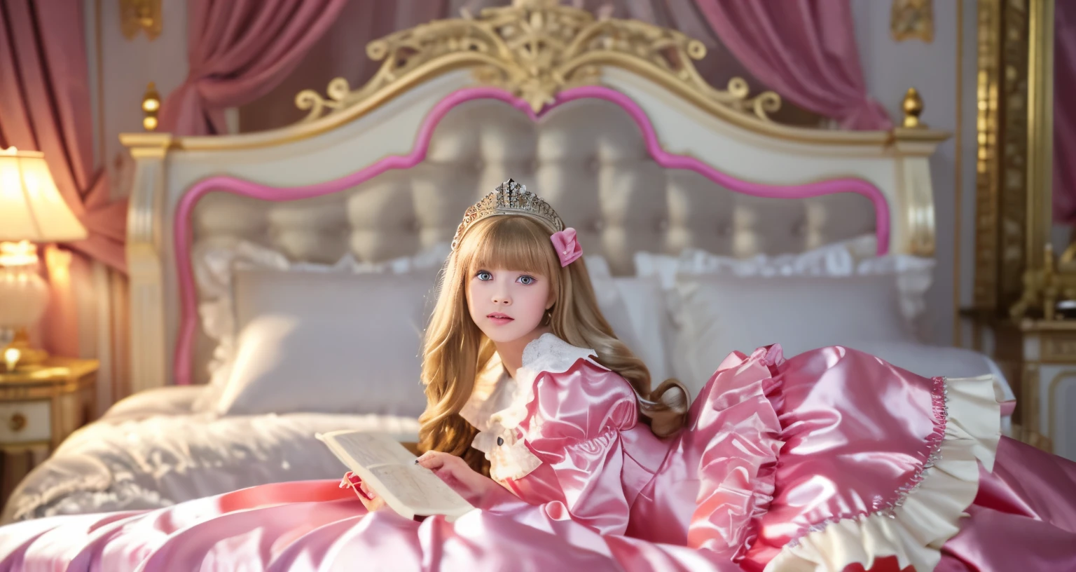 ,highest quality, masterpiece, highest resolution, artwork, super それにget used to it, many get used to it, get used to it, それにget used to it, 3K realistic photos,,(( When I was 10 years old)),Super detailed baby face,She is a princess,Full length ball gown dress with hoop skirt,ruffle yoke collar,puff sleeves,long sleeve,((Lolita style hot pink detailed princess satin dress、Comes with lots of frills and ribbons。)),colorful rococo fashion,shiny satin dress,Soft and smooth fabric,luxury,long blonde hair,blue eyes,white skin european,pajamas,((inside the palace)),,,(( When I was 10 years old)),Super detailed baby face,Full length ball gown dress with hoop skirt,long skirt,ruffle yoke collar,puff sleeves,腰まで伸びるlong blonde hair,blue eyes,white skin european,pajamas,((inside the palace bedroom)),ピンクのシルクサテンのluxuryなcanopy bedの上,canopy bed,Luxurious curtains on both sides of the bed,many frilly pillows on the bed,super detailed background,Detailed bed,romantic atmosphere,little princess is lying on the bed,Read picture books,both legs are hidden in the dress,the dress is spread across the bed,soft pink silk satin comforter,Beautiful girl illustration,detailed beautiful face detailed hair,detailed human eye ,detailed mouth, arm details,detailed hand,detailed picture book
