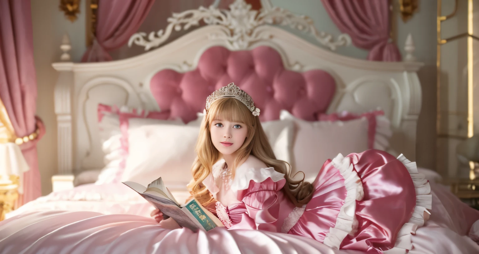,highest quality, masterpiece, highest resolution, artwork, super それにget used to it, many get used to it, get used to it, それにget used to it, 3K realistic photos,,(( When I was )),Super detailed baby face,She is a princess,Full length ball gown dress with hoop skirt,ruffle yoke collar,puff sleeves,long sleeve,((Lolita style pink detailed princess satin dress、Comes with lots of frills and ribbons。)),colorful rococo fashion,shiny satin dress,Soft and smooth fabric,luxury,long blonde hair,blue eyes,white skin european,pajamas,((inside the palace)),,,(( When I was 10 years old)),Sd baby face,Full length ball gown dress with hoop skirt,long skirt,ruffle yoke collar,puff sleeves,腰まで伸びるlong blonde hair,blue eyes,white skin european,pajamas,((inside the palace bedroom)),ピンクのシルクサテンのluxuryなcanopy bedの上,canopy bed,Luxurious curtains on both sides of the bed,many frilly pillows on the bed,super detailed background,Detailed bed,romantic atmosphere,little princess is lying on the bed,Read picture books,both legs are hidden in the dress,the dress is spread across the bed,soft pink silk satin comforter,Beautiful girl illustration,detailed beautiful face detailed hair,detailed human eye ,detailed mouth, arm details,detailed hand,detailed picture book