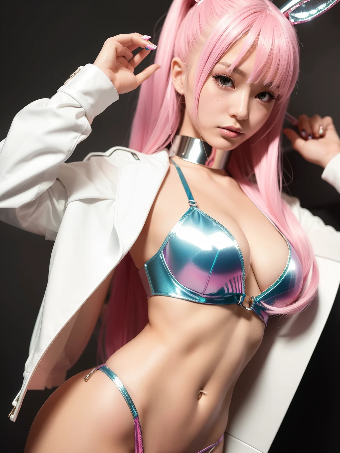 Close-up of a woman wearing a shiny bikini top and jacket, perfect android girl, seductive anime girl, barbie doll in panties and bra, surreal sweet bunny girl, Anime Barbie Doll, Inspired by Hajime Sorayama,  cyberpunk, hajime sorayama style, beautiful charming anime teen, portrait of japanese gal, anime girl cosplay, good fingers, good hands