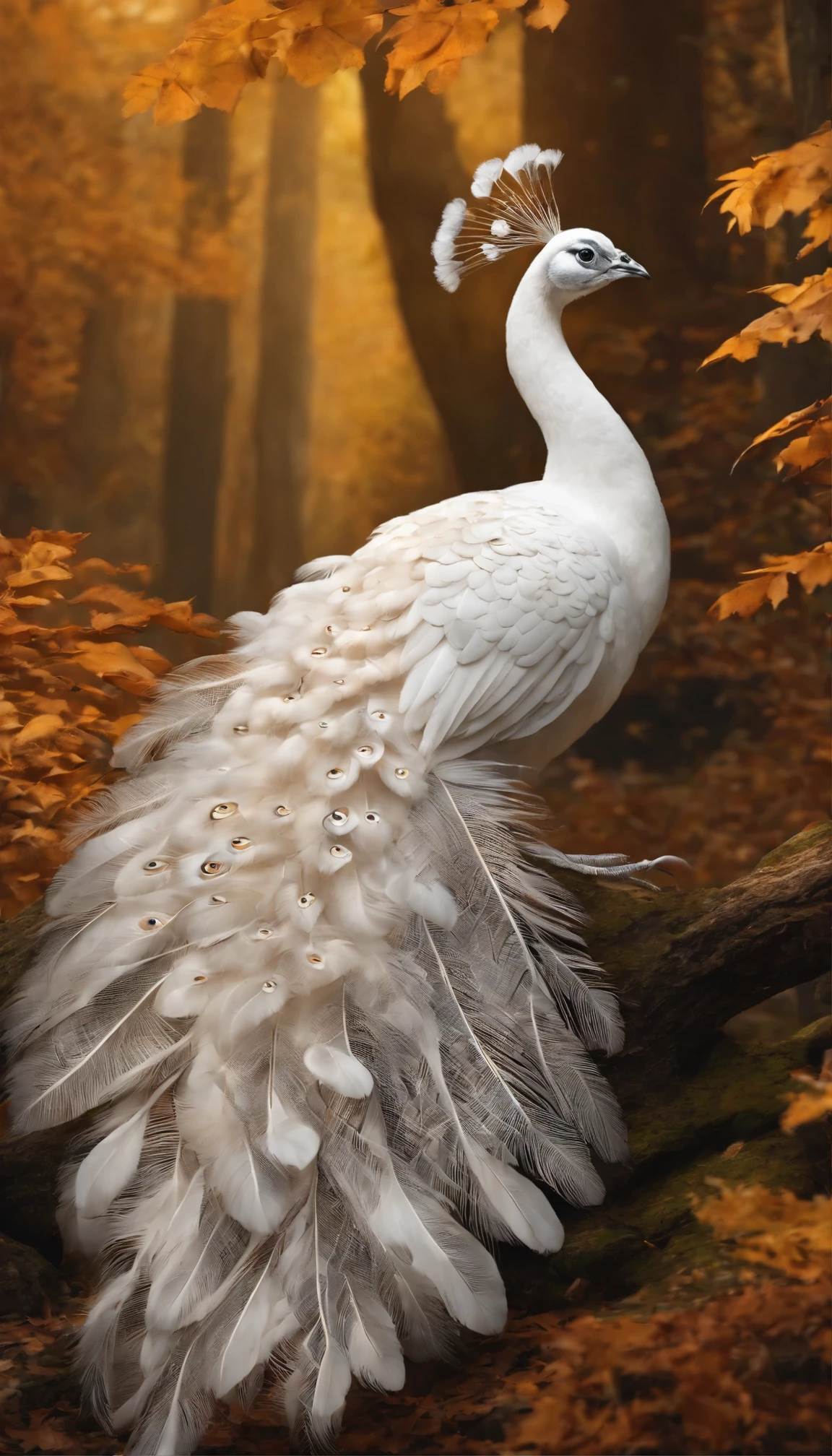 autumn,In the woods,A beautiful white peacock,standing on the rock,Finely carved white feathers,tail feathers,Peaceful and elegant,The elegant white peacock,beautiful nature,high details, high quality, super detail, UHD, masterpiece, ccurate, best quality, 16k
