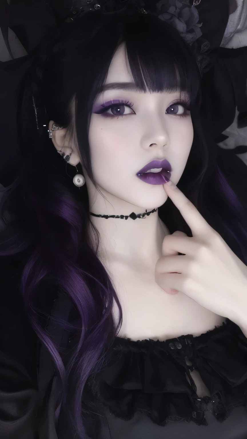 arafed woman with purple hair and piercings posing for a picture, cruel korean goth girl, goth girl aesthetic, vampire girl, 1 7 -  - old h girl, goth girl, 1 7 - year - anime g girl, dark piercing eyes, gothic horror vibes, goth aesthetic, wearing black choker, wearing choker, goth makeup, wearing goth makeup, joy red velvet