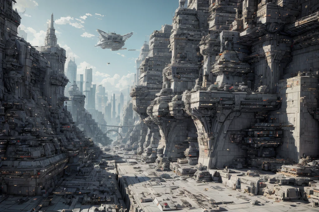 Incredible fantasy city, mega skyscrapers, flying cars, space elevator towers, Super Detail, trees, flowers, Many different buildings, spaceships in the sky, Ultra detail, many elements, blue and gold, yellow numbers on buildings, straight and smooth lines, Street, evening, A lot of cars, 