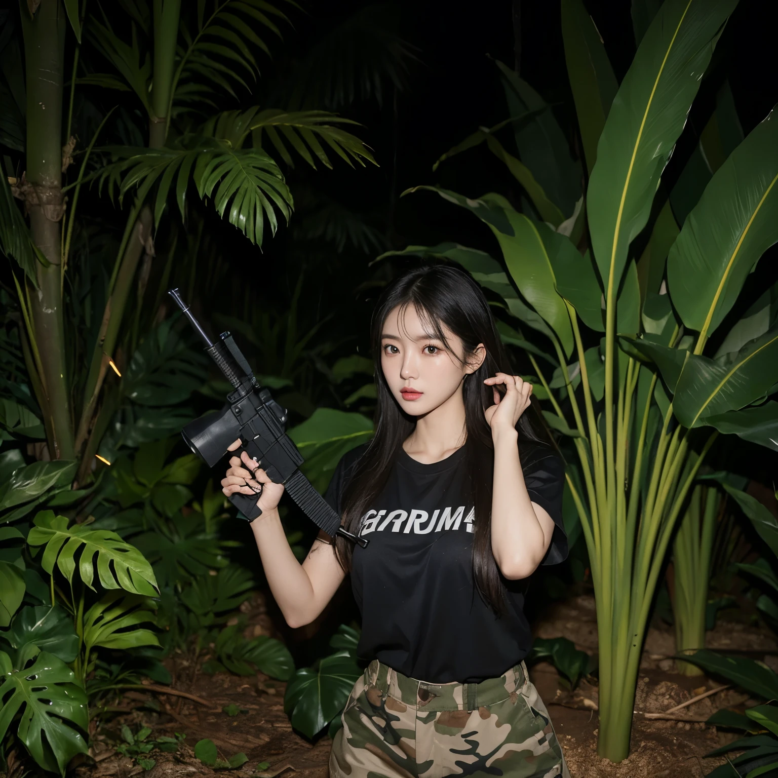 create a hyper-realistic photo of Korean girls group in the jungle at the night. black T-shirt and camouflage. holding M4A1 and MP5 guns. stream. detail rocks. banana plants. High contrast. detail plants. Clear color. bright color.