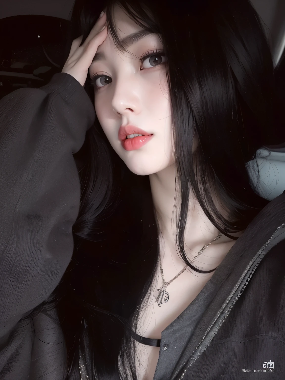 a close up of a woman with long black hair and a necklace, cruel korean goth girl, pale goth beauty, extremely pale white skin, 1 7 -  - old h girl, pale porcelain white skin, her face looks like an orchid, 19-year-old girl, black hair and large eyes, with long hair and piercing eyes, joy red velvet