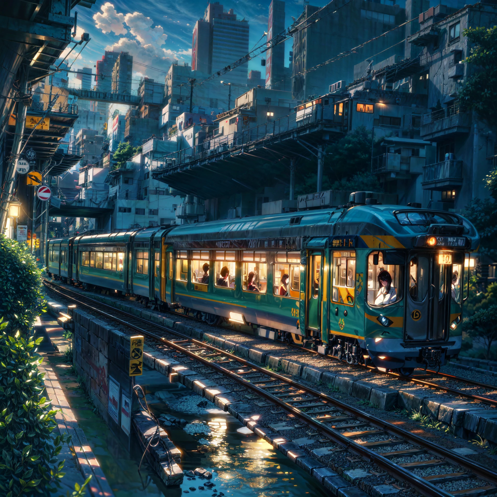 there is a train that is traveling down the tracks near a river, tokyo anime scene, 4k highly detailed digital art, anime art wallpaper 4 k, anime art wallpaper 4k, beautiful art uhd 4 k, anime style cityscape, 4k detailed digital art, makoto shinkai cyril rolando, anime art wallpaper 8 k, beautiful digital artwork