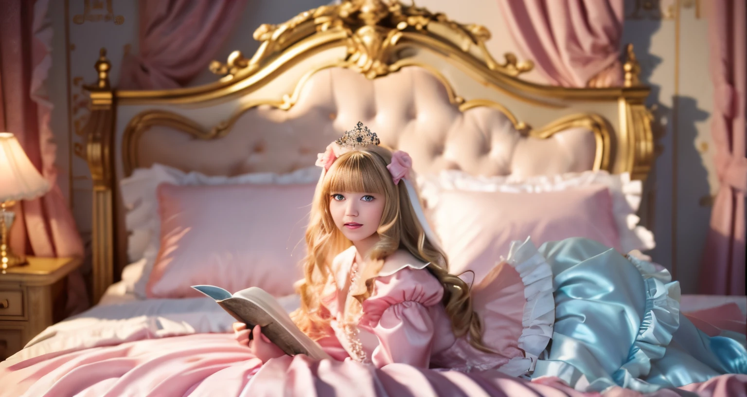 ,highest quality, masterpiece, highest resolution, artwork, super それにget used to it, many get used to it, get used to it, それにget used to it, 3K realistic photos,,(( When I was 10 years old)),Super detailed baby face,She is a princess,Full length ball gown dress with hoop skirt,ruffle yoke collar,puff sleeves,long sleeve,((Lolita style hot pink detailed princess satin dress、Comes with lots of frills and ribbons。)),colorful rococo fashion,shiny satin dress,Soft and smooth fabric,luxury,long blonde hair,blue eyes,white skin european,pajamas,((inside the palace)),,,(( When I was 10 years old)),Super detailed baby face,Full length ball gown dress with hoop skirt,long skirt,ruffle yoke collar,puff sleeves,腰まで伸びるlong blonde hair,blue eyes,white skin european,pajamas,((inside the palace bedroom)),ピンクのシルクサテンのluxuryなcanopy bedの上,canopy bed,Luxurious curtains on both sides of the bed,many frilly pillows on the bed,super detailed background,Detailed bed,romantic atmosphere,little princess is lying on the bed,Read picture books,both legs are hidden in the dress,the dress is spread across the bed,soft pink silk satin comforter,Beautiful girl illustration,detailed beautiful face detailed hair,detailed human eye ,detailed mouth, arm details,detailed hand,detailed picture book