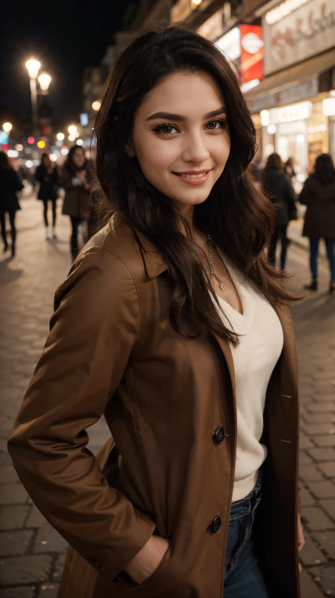 highres,realistic,ultra detailed,photo of beautiful,labanese,girl,20 years old,big eyes,long eyelashes,sharp beautiful nose,wavy black hair,natural makeup, black Smokey eye shadow, full body, wearing a brown coat, smiling at the camera, in the city of Paris, hyper realistic, photo