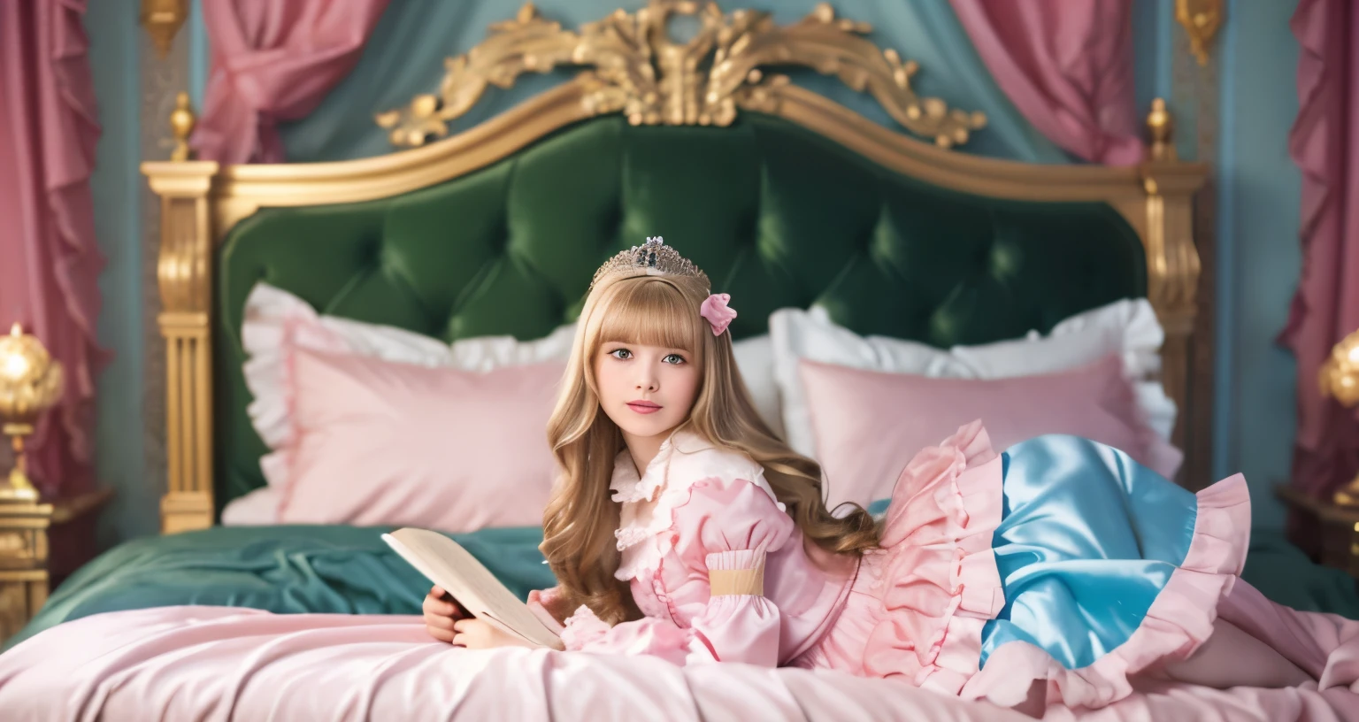 ,highest quality, masterpiece, highest resolution, artwork, super それにget used to it, many get used to it, get used to it, それにget used to it, 3K realistic photos,,(( When I was )),Super detailed baby face,She is a princess,Full length ball gown dress with hoop skirt,ruffle yoke collar,puff sleeves,long sleeve,((Lolita style pink detailed princess satin dress、Comes with lots of frills and ribbons。)),colorful rococo fashion,shiny satin dress,Soft and smooth fabric,luxury,long blonde hair,blue eyes,white skin european,pajamas,((inside the palace)),,,(( When I was 10 years old)),Sd baby face,Full length ball gown dress with hoop skirt,long skirt,ruffle yoke collar,puff sleeves,腰まで伸びるlong blonde hair,blue eyes,white skin european,pajamas,((inside the palace bedroom)),ピンクのシルクサテンのluxuryなcanopy bedの上,canopy bed,Luxurious curtains on both sides of the bed,many frilly pillows on the bed,super detailed background,Detailed bed,romantic atmosphere,little princess is lying on the bed,Read picture books,both legs are hidden in the dress,the dress is spread across the bed,soft pink silk satin comforter,Beautiful girl illustration,detailed beautiful face detailed hair,detailed human eye ,detailed mouth, arm details,detailed hand,detailed picture book