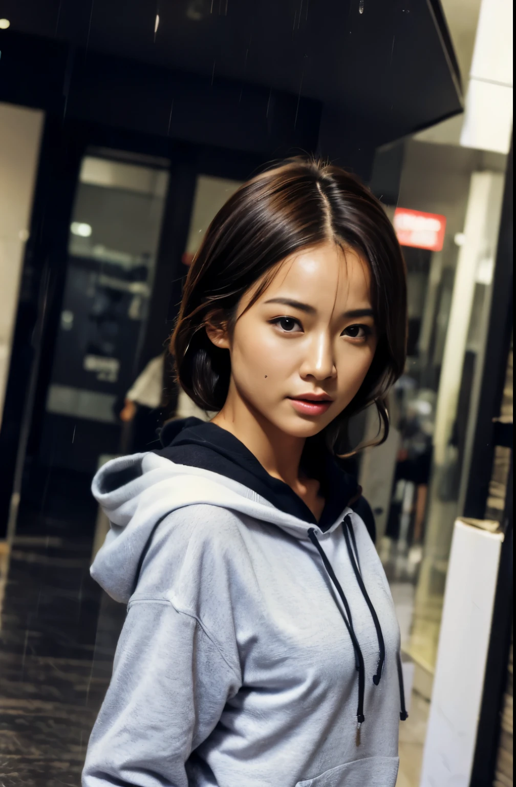 (masterpiece:1.2), Super detailed, (realistic, photo realistic:1.37), High-definition RAW color photos, professional photos, very detailed, finely, very detailed face, very detailed eyes, very detailed skin, perfect anatomy, (famous japanese actress:1.3), blonde, ponytail, (Improve:1.2), (sunburned skin:1.3), flat chest, cinematic lighting, hoodie, (hood up:1.2), whole body, shorts, (downtown:1.2), (dynamic pose:1.4), (heavy rain:1.3), wet skin, wet hair, water droplets, splash,