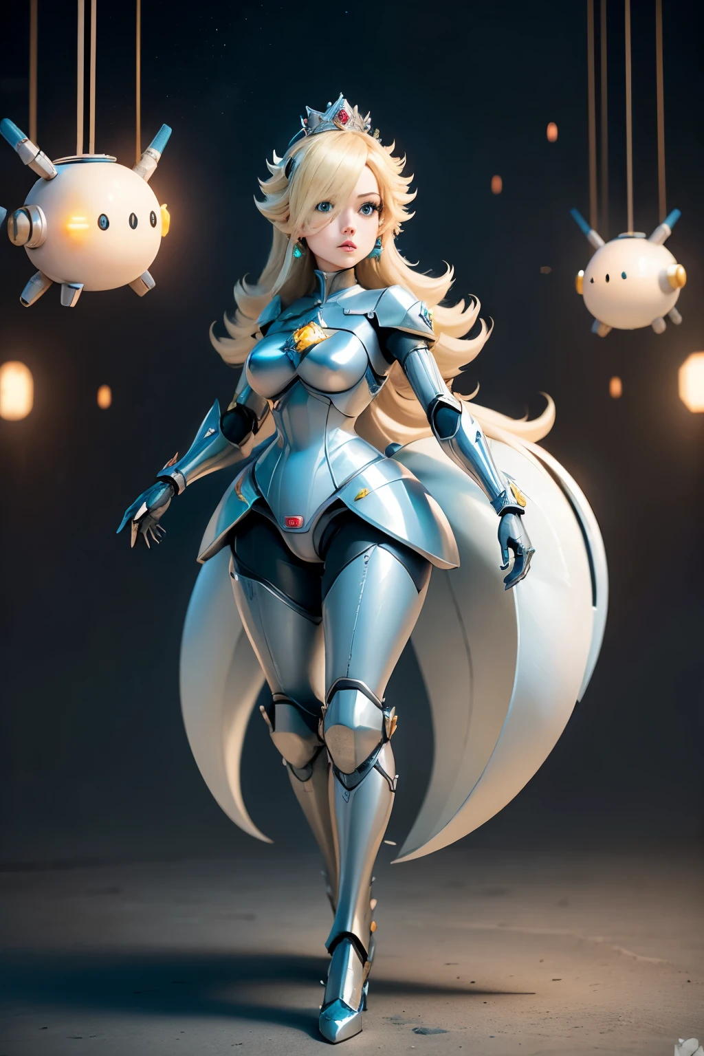 a realistic photo of a beautiful girl、Full body like、Cybernetic pearl suit、bilaterally symmetrical、Large crystal eyes in the center of the chest,、Gold and silver decoration on pearl body、shoulder armer、Pearl Helmet、