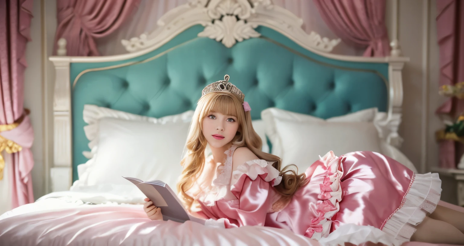 ,highest quality, masterpiece, highest resolution, artwork, super それにget used to it, many get used to it, get used to it, それにget used to it, 3K realistic photos,,(( When I )),Super detailed baby face,She isss,Full length ball gown dress with hoop skirt,ruffle yoke collar,puff sleeves,long sleeve,((Lolita style hot pink detailed princess satin dress、Comes with lots of frills and ribbons。)),colorful rococo fashion,shiny satin dress,Soft and smooth fabric,luxury,long blonde hair,blue eyes,white skin european,pajamas,((inside the palace)),,,(( When I was 10 years old)),Super ce,Full length ball gown dress witirt,long skirt,ruffle yoke collar,puff sleeves,腰まで伸びるlong blonde hair,blue eyes,white skin european,pajamas,((inside the palace bedroom)),ピンクのシルクサテンのluxuryなcanopy bedの上,canopy bed,Luxurious curtains on both sides of the bed,many frilly pillows on the bed,super detailed background,Detailed bed,romantic atmosphere,little princess is lying on the bed,hugging a pink pillow,both legs are hidden in the dress,the dress is spread across the bed,soft pink silk satin comforter,Soft silk satin ruffled pillow,Beautiful girl illustration,detailed beautiful face detailed hair,detailed human eye ,detailed mouth, arm details,detailed hand,Detailed pillow,