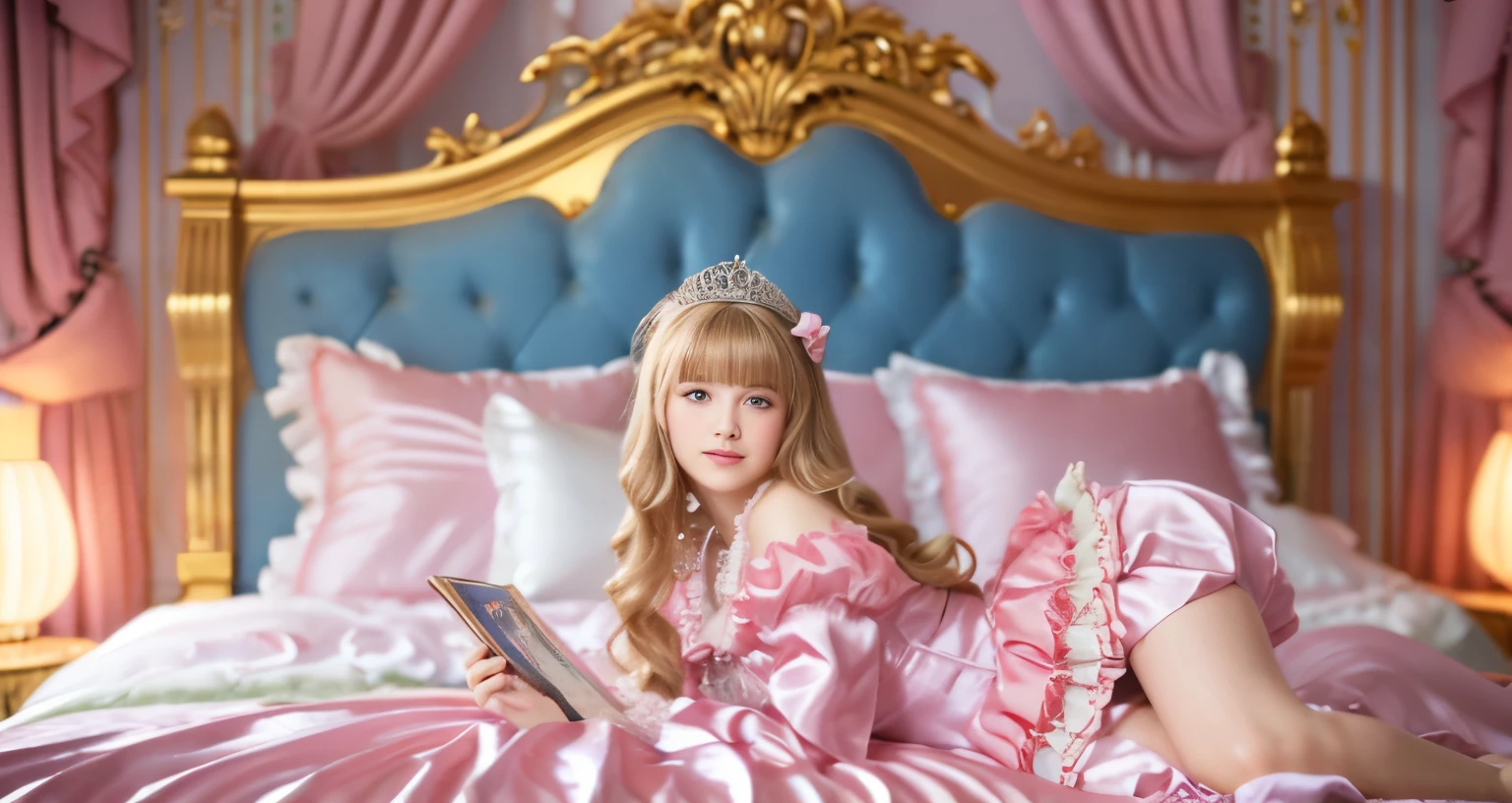 ,highest quality, masterpiece, highest resolution, artwork, super それにget used to it, many get used to it, get used to it, それにget used to it, 3K realistic photos,,(( When I )),Super detailed baby face,She isss,Full length ball gown dress with hoop skirt,ruffle yoke collar,puff sleeves,long sleeve,((Lolita style hot pink detailed princess satin dress、Comes with lots of frills and ribbons。)),colorful rococo fashion,shiny satin dress,Soft and smooth fabric,luxury,long blonde hair,blue eyes,white skin european,pajamas,((inside the palace)),,,(( When I was 10 years old)),Super ce,Full length ball gown dress witirt,long skirt,ruffle yoke collar,puff sleeves,腰まで伸びるlong blonde hair,blue eyes,white skin european,pajamas,((inside the palace bedroom)),ピンクのシルクサテンのluxuryなcanopy bedの上,canopy bed,Luxurious curtains on both sides of the bed,many frilly pillows on the bed,super detailed background,Detailed bed,romantic atmosphere,little princess is lying on the bed,hugging a pink pillow,both legs are hidden in the dress,the dress is spread across the bed,soft pink silk satin comforter,Soft silk satin ruffled pillow,Beautiful girl illustration,detailed beautiful face detailed hair,detailed human eye ,detailed mouth, arm details,detailed hand,Detailed pillow,