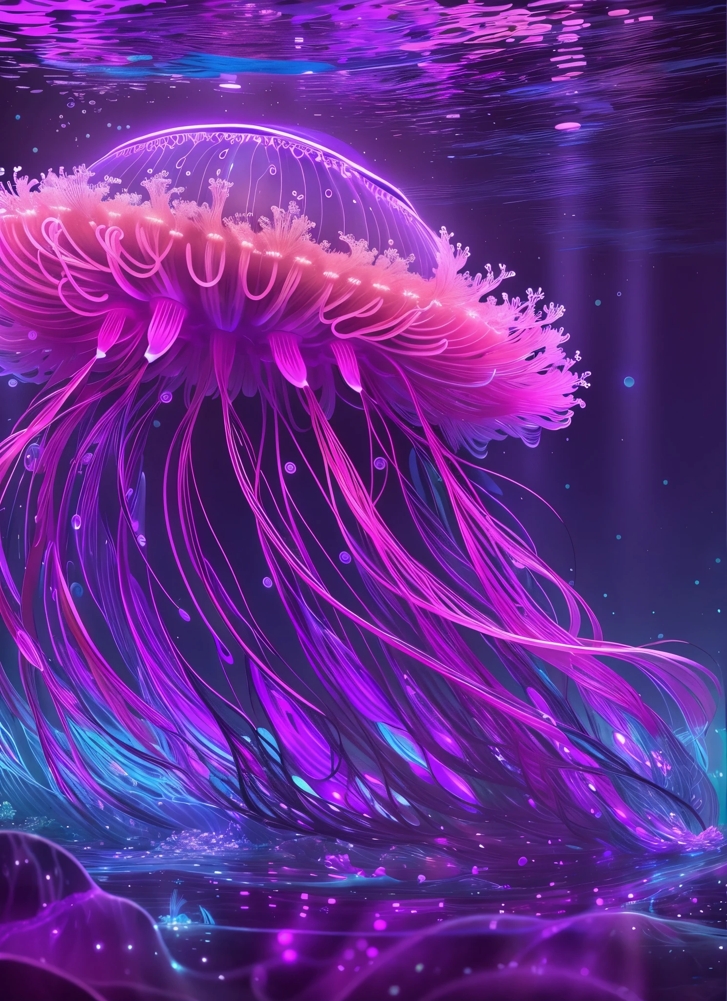 Create a glowing jellyfish floating in the water with a lot of fish, cyberpunk jellyfish, glowing jellyfish, neon jellyfish, space jellyfish, jellyfish pheonix, sea like jelly, aquatic creature, jellyfish element, jelly fish, jellyfish, bioluminescent jellyfish, jellyfish phoenix, phoenix jellyfish, beautiful digital artwork, dark underwater alien ocean, translucent glowing jellyfish