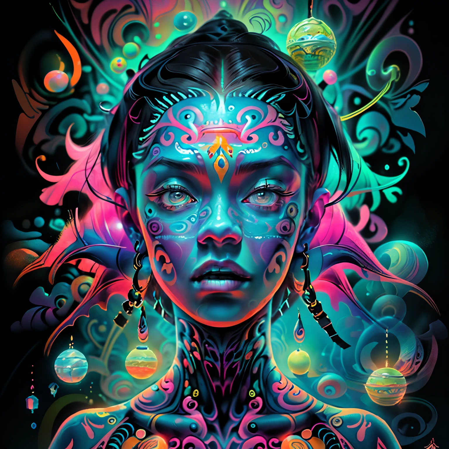 (High resolution, incredibly detailed, masterpiece), potrait of Nora Danish, whole body with bodypaint, open mouth, fearuring fractal geometry in (vibrant colors:0.8), set against a (galactic background :1.2), bringing together complex, mesmerizing shapes and patterns, dmt .