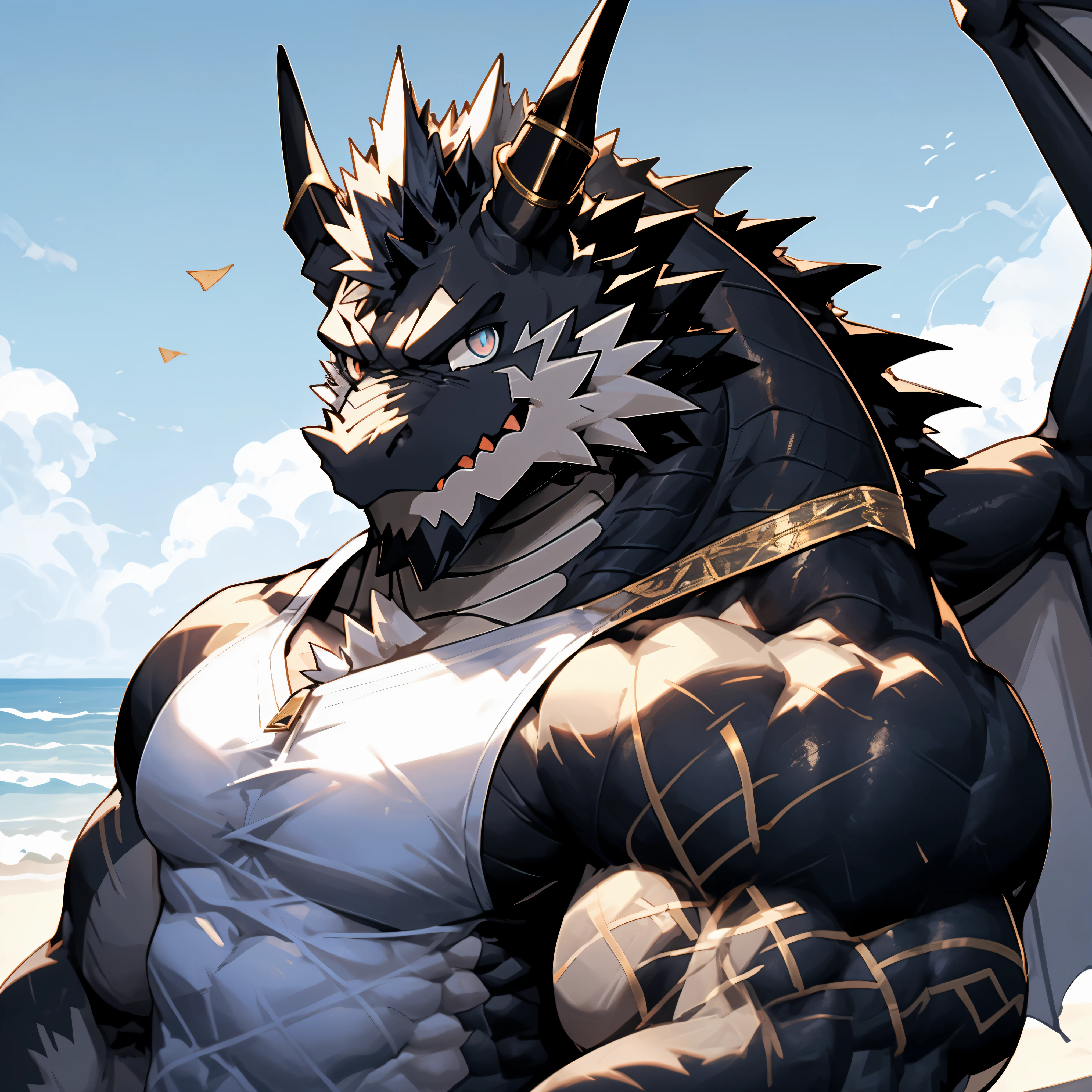 disney,anime character with Black dragon , Black dragon_beast, Firmware version, high resolution committee, ((Black dragon)), gigachad muscular, muscular!!, only, muscular!, anthropomorphic dragon, Black,Black!,Black!!muscular character, dragon, super detailed!!, muscular!!!, beefy, Covered in black, 全身Very rich in details,(32k),(Covered in black:1.2),(The two eyes are not the same color，different students:1.8),HD,(swimsuit:1.8)，alone,(express contempt:1.3),hope,(One eye is blue，The other eye is golden:1.8),(A pair of eyes with different pupil colors:1.5)，(Serious:1.6),(By the beach of the sea:1.3)，(front:1.5)，(Half-length close-up:1.5),((Blackfur)),(Very rich in details:1.3),(strike a mighty pose),(wear sunglasses)