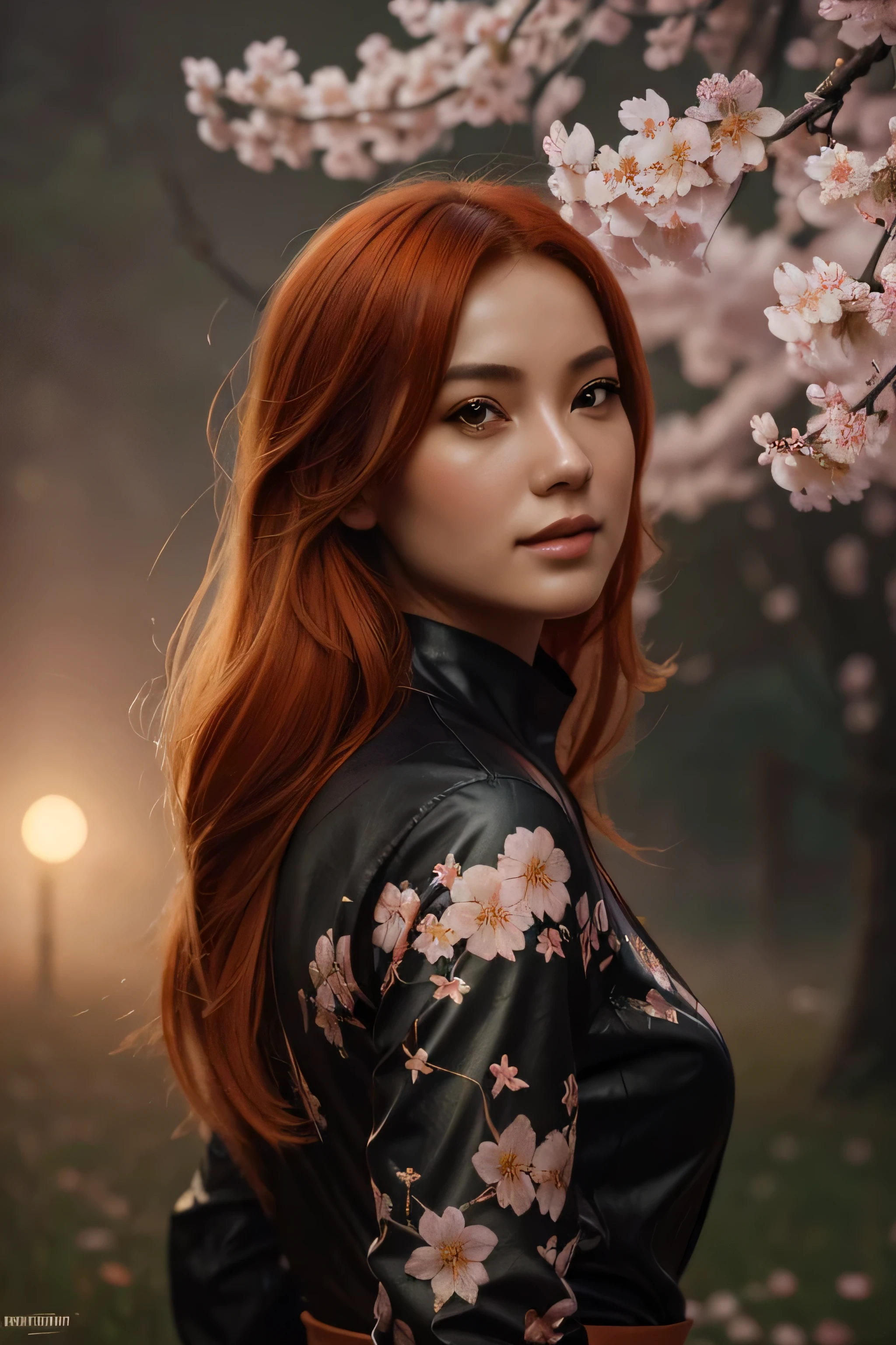 ((solo)) beautiful orange-haired female, looking at viewer, cherry blossom, night, fog, flower, multi tail, full moon,, best quality, shaded, extreme detail, highly detailed, ultradetailed, intricate, realistic, detailed background, hi res, realistic, photography \(artwork\), (by kenket), by ross tran, by michael & inessa garmash, by pino daeni, by isvoc, by kiguri, by alena aenami, by ruan jia, (by zenthetiger, by wolfy-nail), by Enki Bilal, by drmax, photorealism,