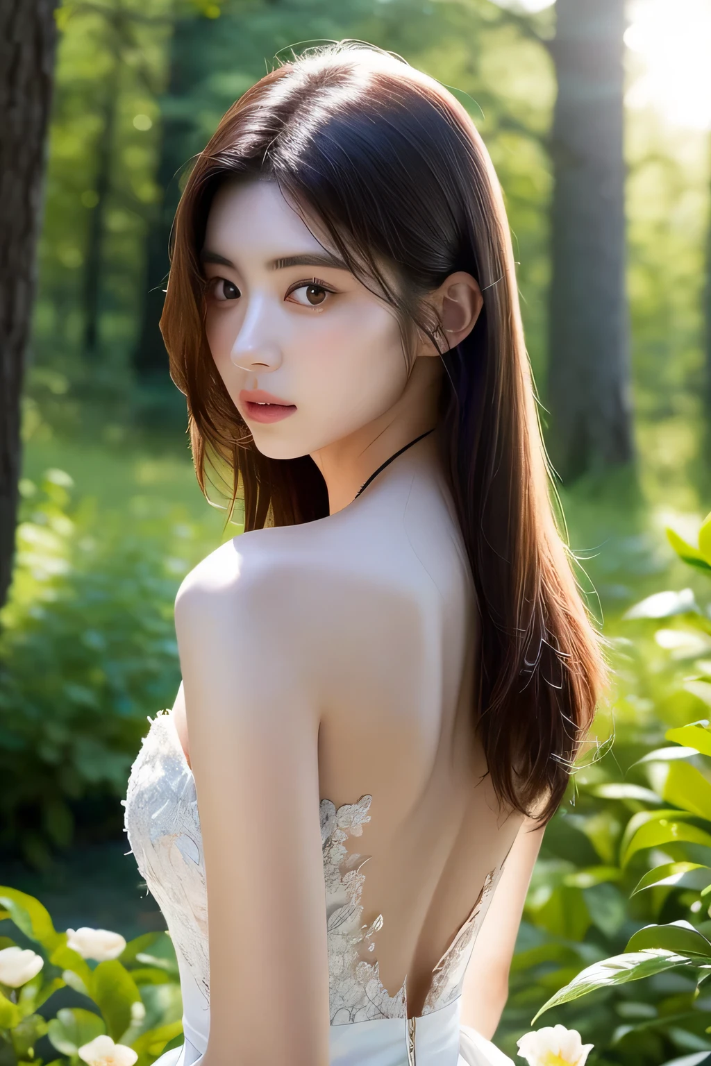 (Realistic), (Hyperrealism),Best quality, masterpiece,ultra high resolution, (photoRealistic:1.4),1 girl,pale skin,skinny,(Looking at the viewer:2), the forest, flowers, Sunbeam,
(Tattered) Wedding Dress , bare shoulders, long hair, cowboy shoot,