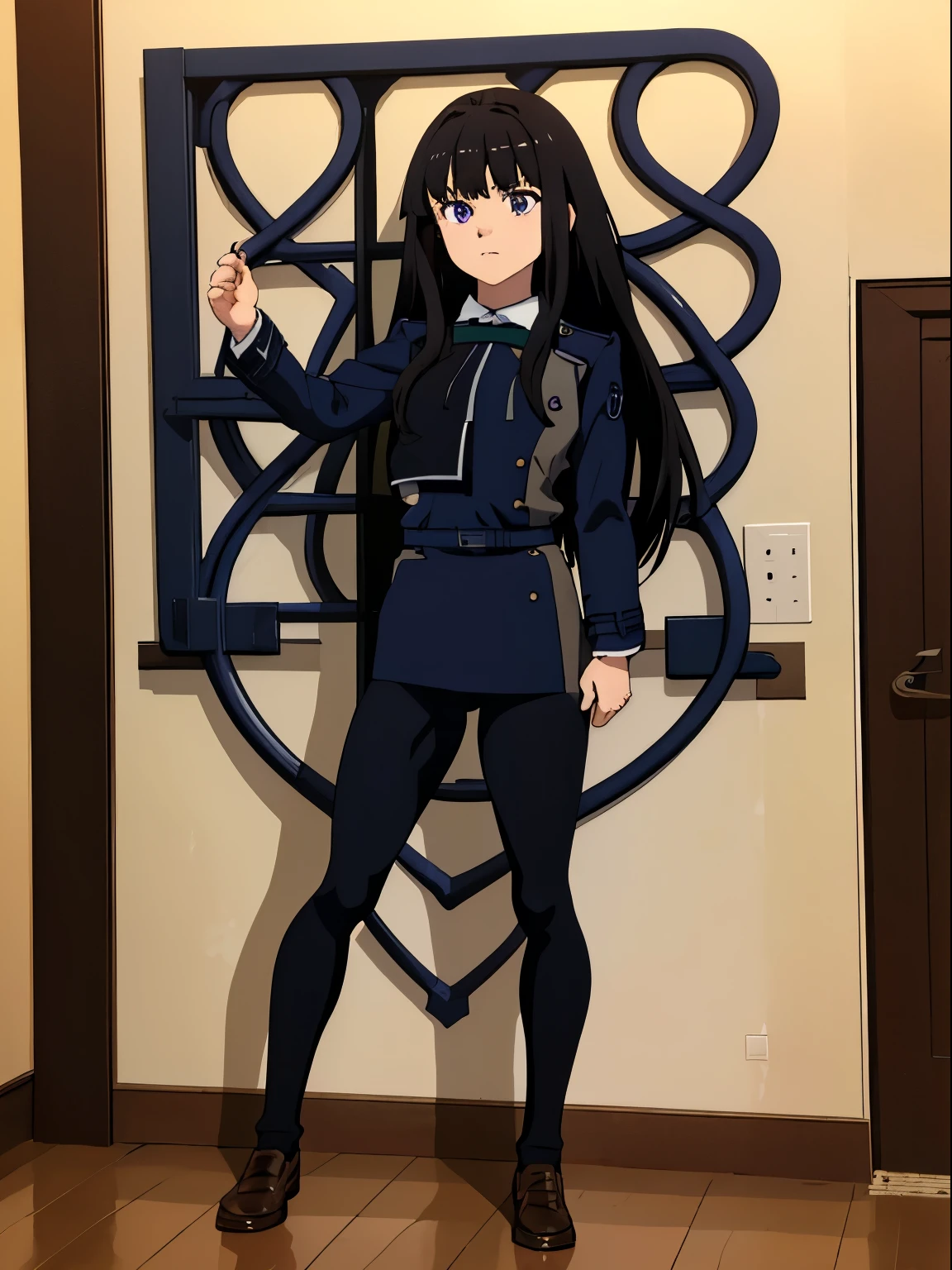 Stables、(masterpiece、highest quality:1.2)、((facing the front:1.2))、bangsあり、Young woman at 17 years old、((whole body:2.2))、promotional art、official art、dark blue uniform、long sleeve、Y-shirt、Green Tie Ribbon、bangs、black haired、long hair、purple eyes,