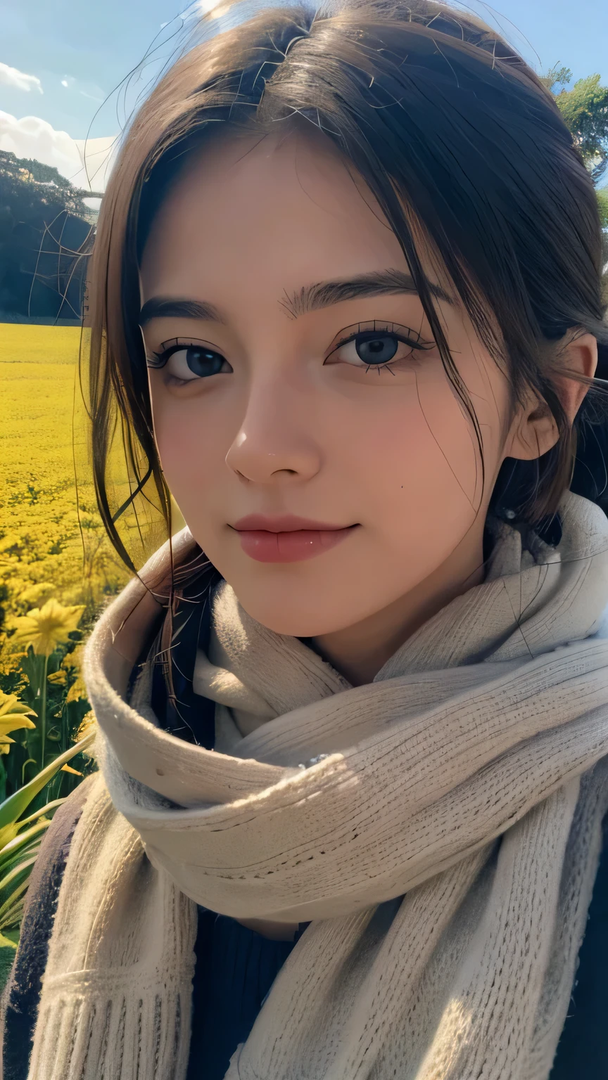 8k, melhor qualidade, obra de arte, realista, Ultra detalhe, photo realista, Aumentar a qualidade, 
a photo of a girl standing in a field with a scarf, no estilo do designer sombrio e taciturno, massa volumosa, fotografia, rostos serenos, bordas irregulares, Marinha, beleza natural, Close-up
