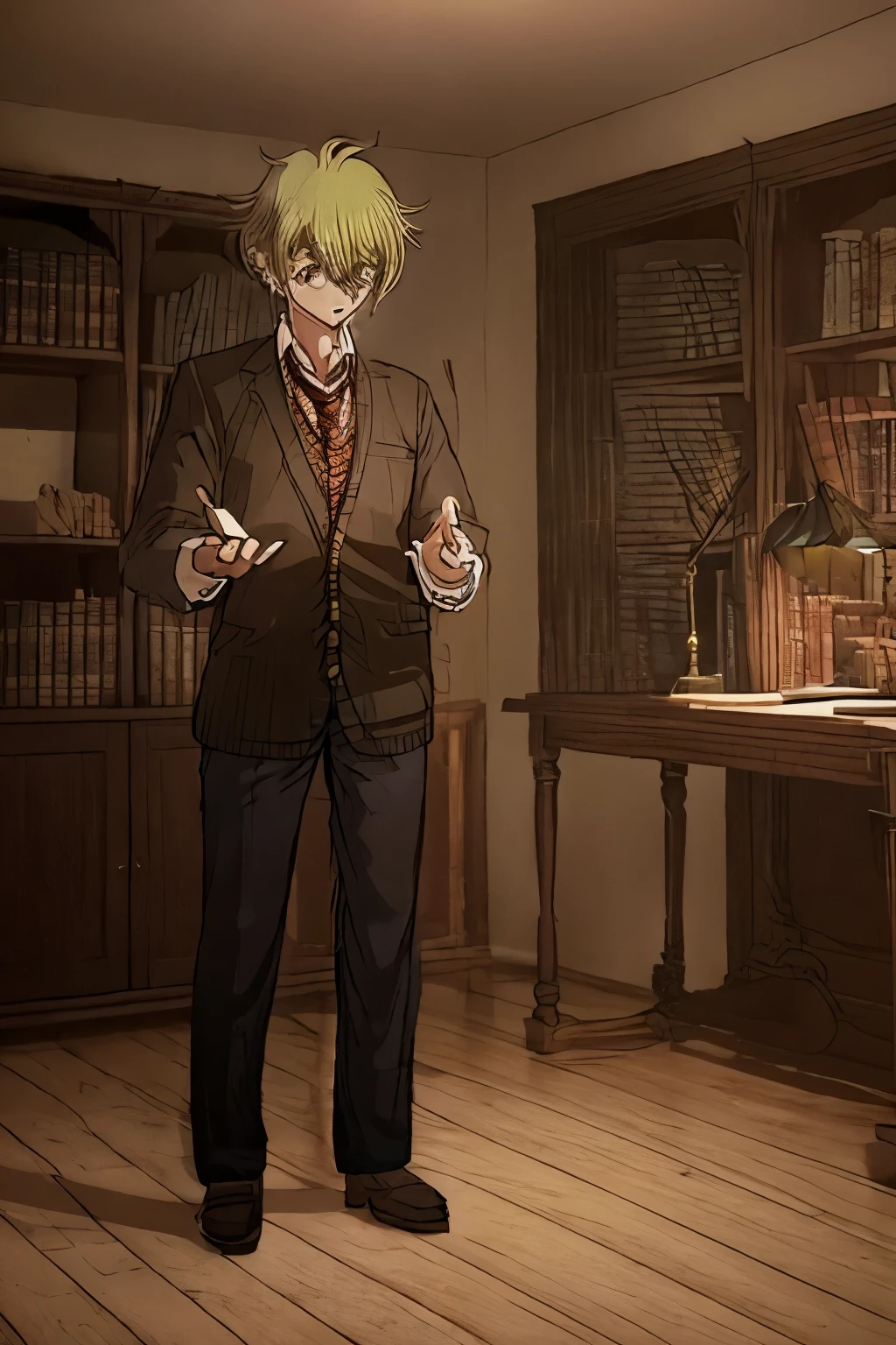 danganronpa, Scholarly visuals, Academic details. In the confines of his study, a 50-year-old Nordic male researcher stands at 175cm with a lean physique. His short, golden hair is complemented by the distinguished presence of eyeglasses, which adds an intellectual charm to his appearance. Holding a doctoral degree, he is a seasoned scholar who has dedicated his life to the pursuit of knowledge.

Dressed in a meticulously chosen suit and tie, he embodies a fusion of erudition and practicality, reflecting his ability to bridge academia with real-world applications. His scholarly attire is a testament to his lifelong commitment to academic excellence.

With a knowing smile and an air of confidence, he conducts his research and offers guidance to young scholars, serving as a mentor and a source of wisdom. His academic endeavors take place amidst the walls of his well-appointed study, surrounded by bookshelves adorned with scholarly tomes and academic journals. Here, in this sanctuary of knowledge, he continues to expand the boundaries of human understanding and inspire future generations of thinkers and researchers.