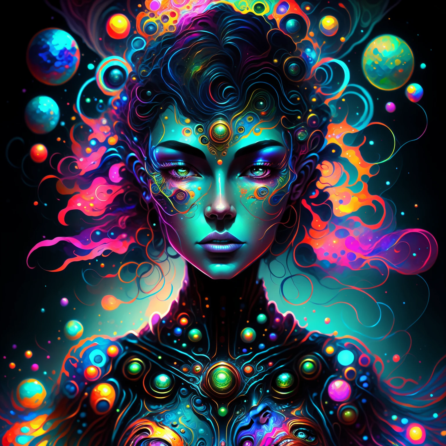 a close up of a woman with a colorful face and body, psychedelic organic cyborg, beeple and jeremiah ketner, jen bartel, colorfull digital fantasy art, vibrant digital painting, intricate digital painting, stunning digital illustration, 8 0's style tomasz alen kopera, sci-fi digital art illustration, painting by android jones, beautiful digital artwork