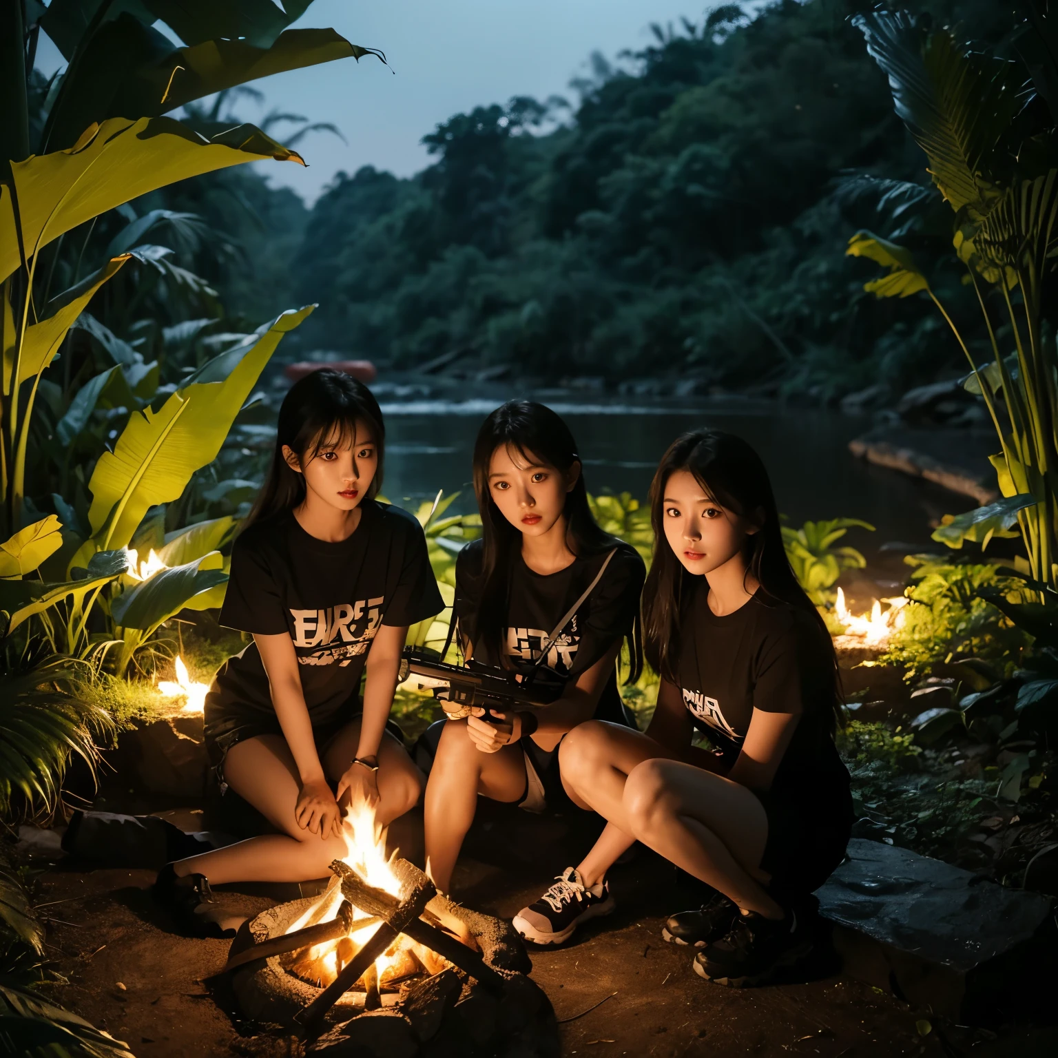 create a hyper-realistic photo of Korean girls group in the jungle at the night. black T-shirt and camouflage vest. holding M4A1 and MP5 guns. near the river. detail rocks. banana plants. High contrast. detail plants. Clear color. dark theme. campfire.
