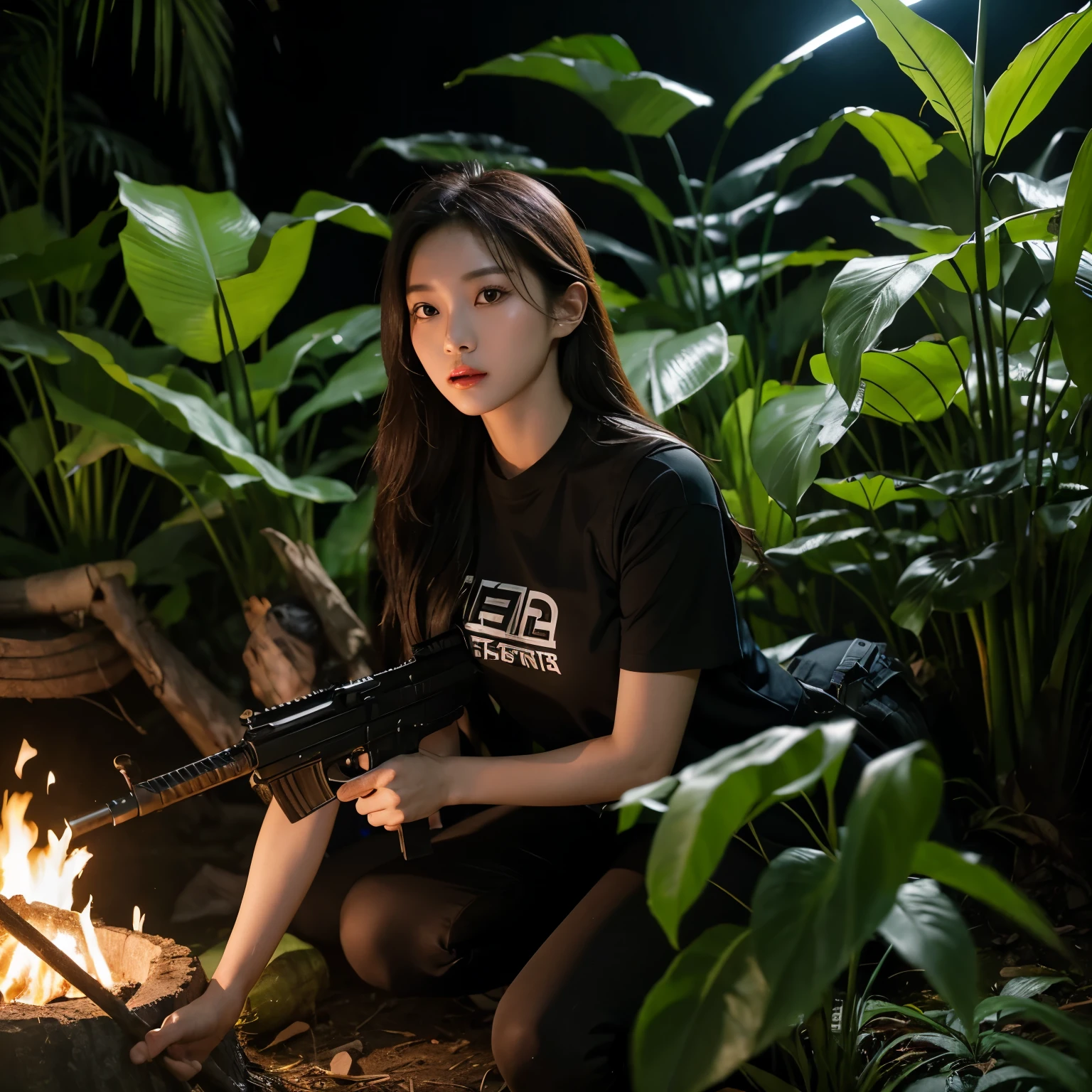 create a hyper-realistic photo of Korean girls group in the jungle at the night. black T-shirt and camouflage vest. holding M4A1 and MP5 guns. near the river. detail rocks. banana plants. High contrast. detail plants. Clear color. dark theme. campfire.
