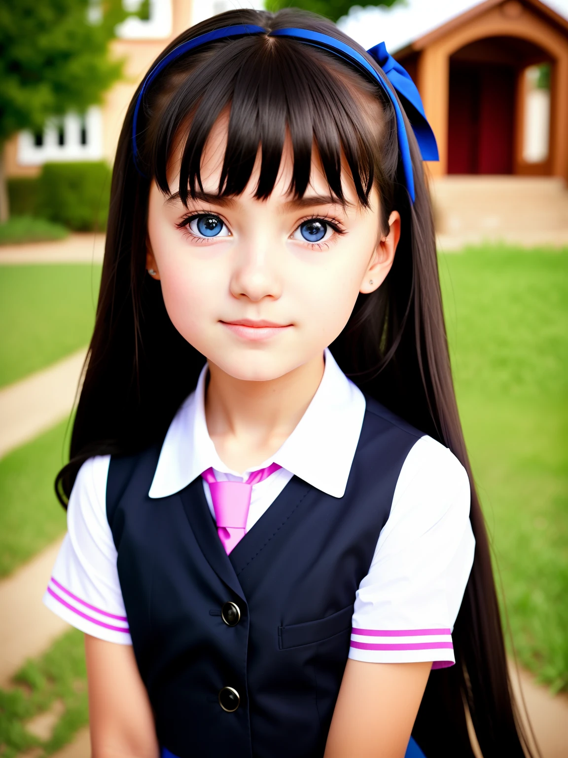 7  girl with school uniform, school uniform, femal, blue eyes, eyes like rapunzel, pink complextion, black hair. 