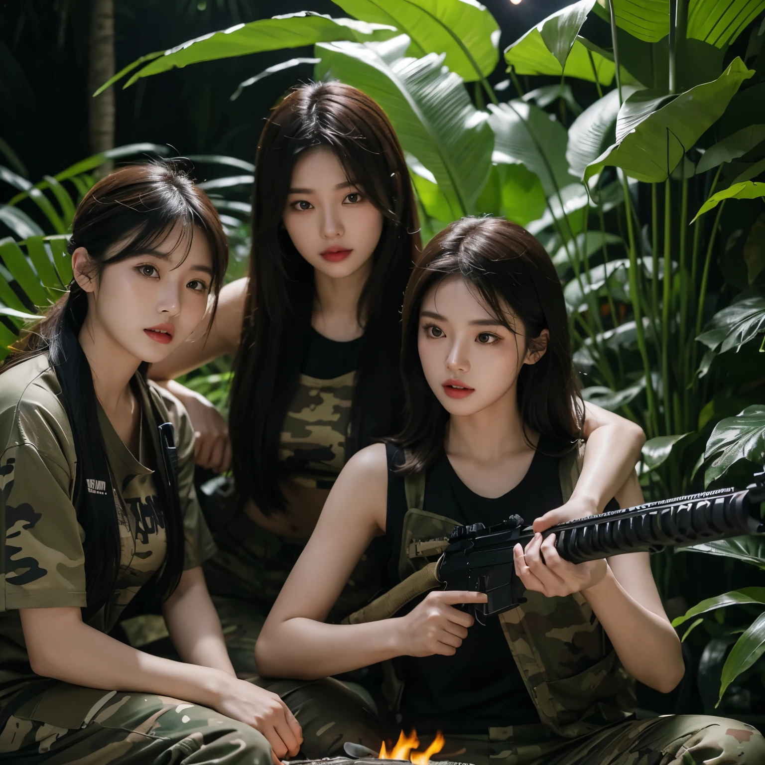 create a hyper-realistic photo of Korean girls group in the jungle at the night. black T-shirt and camouflage vest. holding M4A1 and MP5 guns. near the river. detail rocks. banana plants. High contrast. detail plants. Clear color. dark theme. campfire.