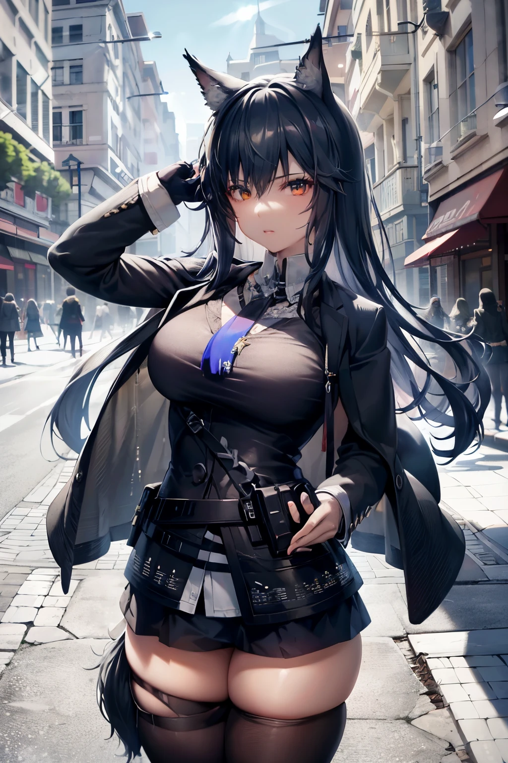magine an ultra-detailed image of Ina as a devil in the guise of a Kpop idol. Ina is wearing a sexy outfit with a tube top and a black skirt with thigh-high stockings on her. Her eyes and hair are extremely detailed with realistic lighting and shadows. Ina is standing downtown on a rainy night with blurred traffic lights and road signs in the background. The image is a masterpiece in ultra high resolution, with impressive details that show the quality of the artwork. The hard focus and depth of field are perfect, capturing Ina's beauty and sensuality in detail. The rain after the storm adds a touch of realism and makes the image appear even more detailed and realistic. Lighting is professional and detailed, with radiosity and photon mapping techniques for physically based rendering. The result is a realistic and photo-realistic image that shows Ina as a seductive demoness with weapons at her waist, with a realistic reflection of the light coming from the sky. The image is a combination of modern and dark styles, with impressive details that show the quality of the artwork.