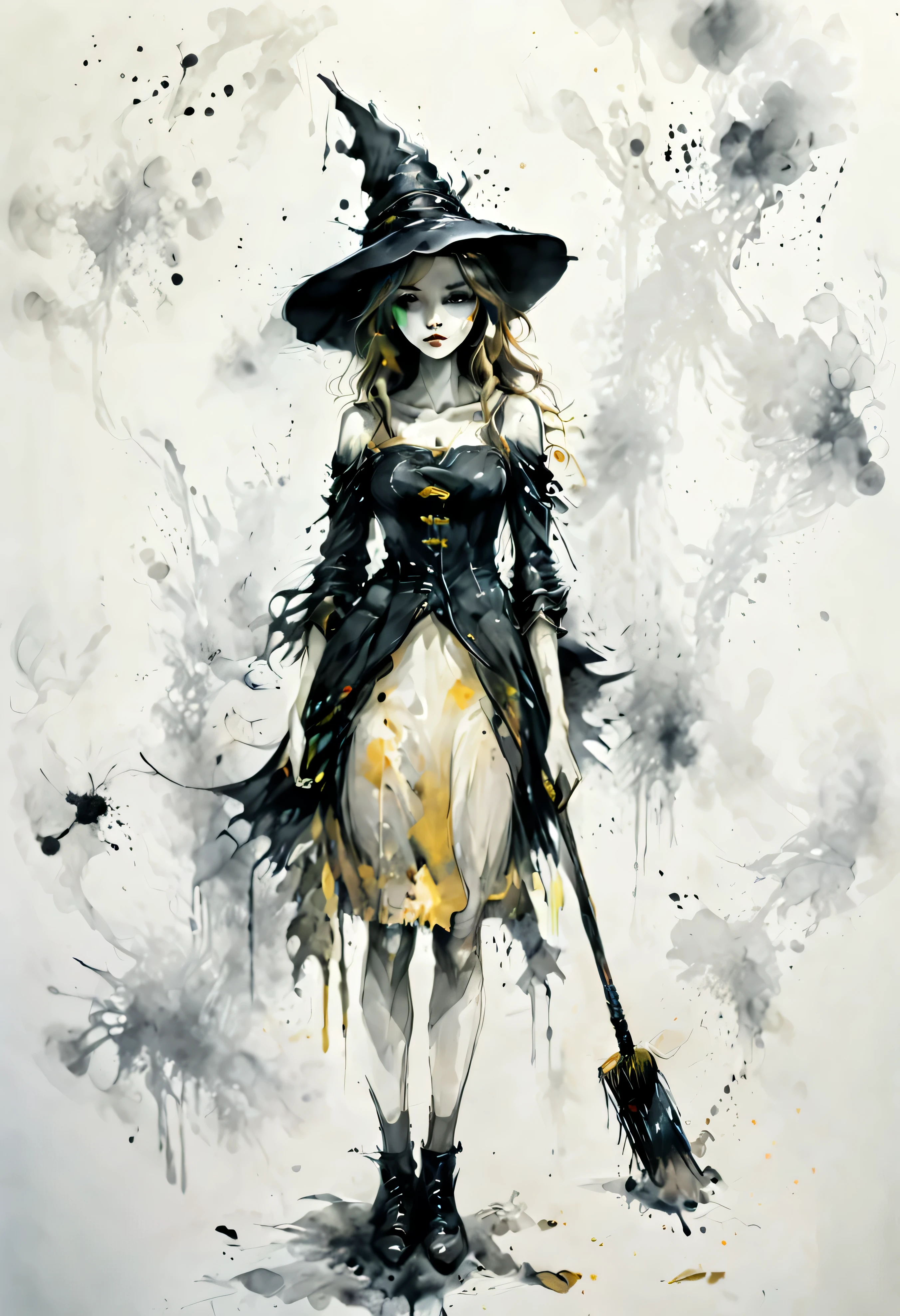 The expression and posture of the Broom Witch are shown through the contrast of ink stains..Simple black and white background.super detailed.Witch holding a broom.黑白ink painting风格,ink painting, Beautiful and elegant face.Mysterious and elegant..Reveal fair and beautiful face.Outline with black ink，Ink splash effect、smooth lines，Displays characters&#39; Express expressions and postures through ink contrast，The background is simple，emphasize light, shadow and space。(best quality,4K,8k,high resolution,masterpiece:1.2),light tone.Light gold color scheme、high resolution细节、Ink splash effect、Bright and fresh colors