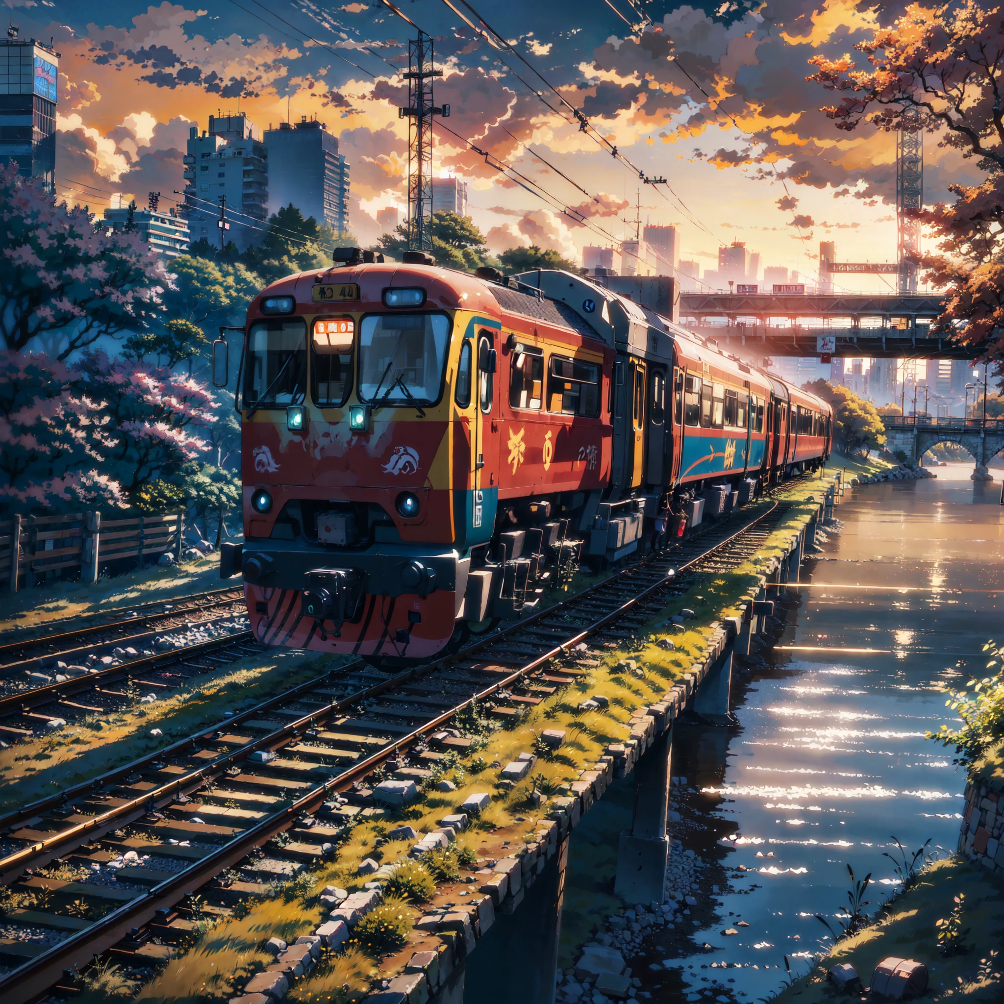 there is a train that is traveling down the tracks near a river, tokyo anime scene, 4k highly detailed digital art, anime art wallpaper 4 k, anime art wallpaper 4k, beautiful art uhd 4 k, anime style cityscape, 4k detailed digital art, makoto shinkai cyril rolando, anime art wallpaper 8 k, beautiful digital artwork
