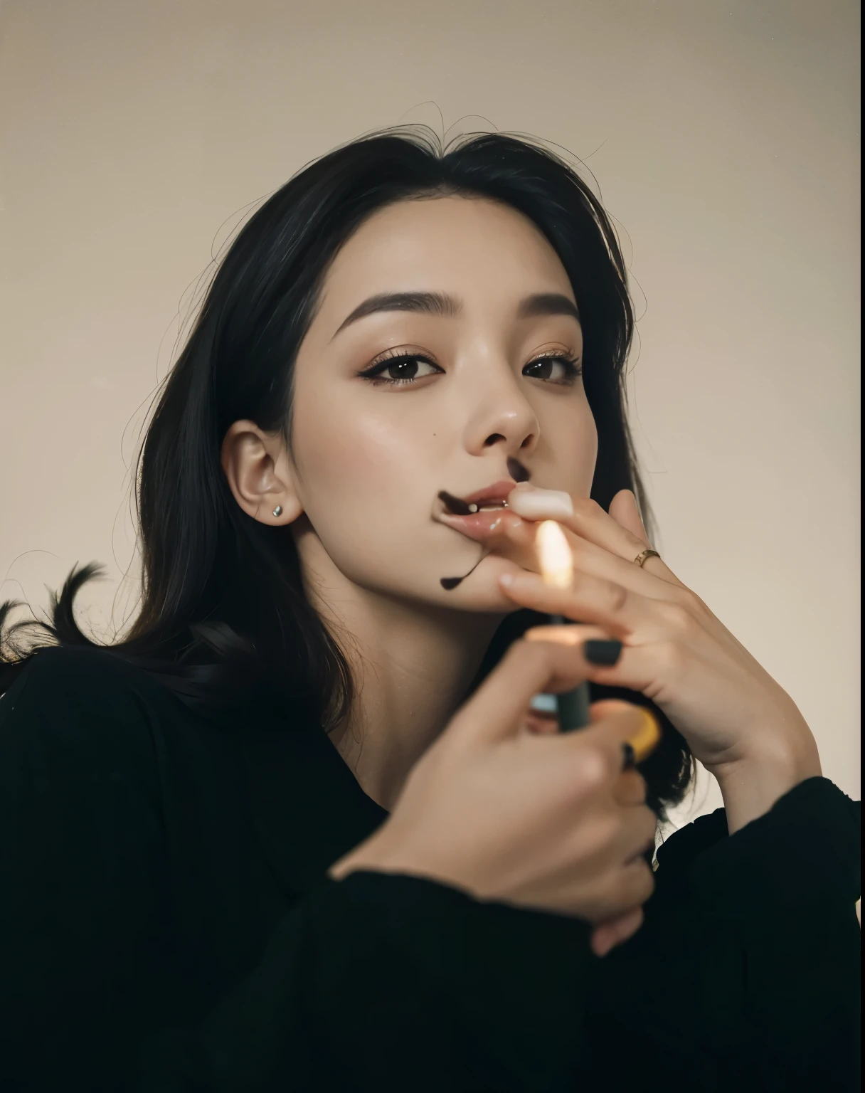 There is a woman who is lighting a cigarette with a lighter, mujer coreana de aspecto androgino fumadora, mujer asiatica de aspecto masculino fumando cigarrillo, Mujer fumando un cigarrillo, dramatic smoking pose, cigarrillo, sosteniendo un cigarrillo, Retrato de una mujer fumadora , fumar cigarrillo, humo de cigarrillo, fumar un cigarrillo, Mujer triste fumando una gigarette, Gothic girl smoking