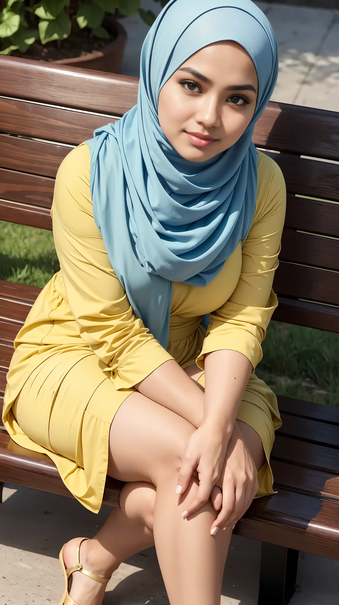 
RAW, Best quality, high resolution, masterpiece: 1.3), beautiful Malay woman in hijab, Masterpiece, perfect fit body, big breasts,thick thighs, beautiful face, beautiful big eyes, Soft smile, ((close up)), muslim woman sitting on a bench wearing a scarf, beautiful appearance, modestly dressed, golden blue long clothes, wearing long eloquent clothes, low contrast!!, beautiful picture, wearing long business casual clothes, sitting relaxed, casual pose, long casual clothes style, dress simple length, hijab, great expression