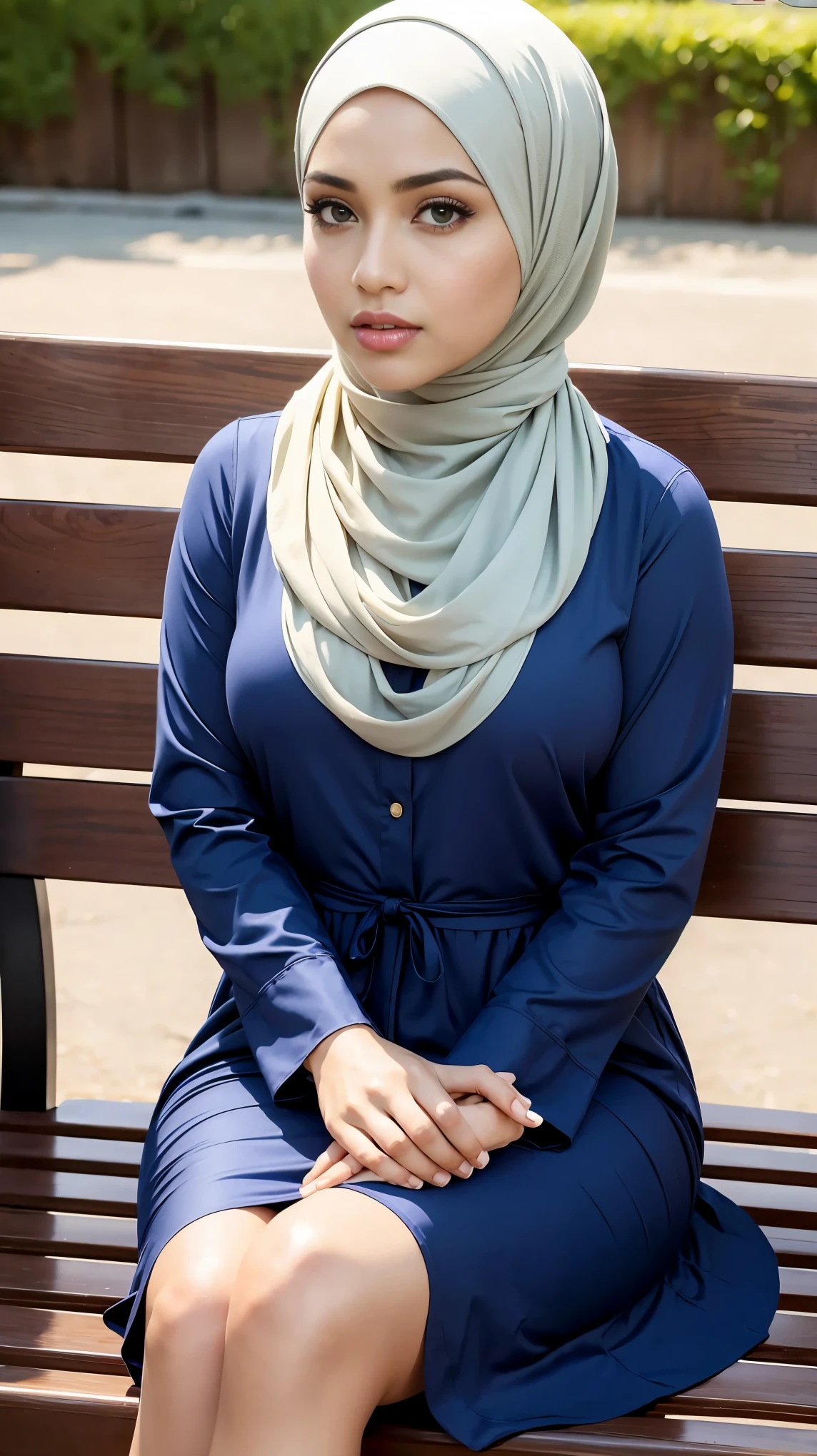 RAW, Best quality, high resolution, masterpiece: 1.3), beautiful Malay woman in hijab, Masterpiece, perfect fit body, big breasts,thick thighs, beautiful face, beautiful big eyes, Soft smile, ((close up)), muslim woman sitting on a bench wearing a scarf, beautiful appearance, modestly dressed, golden blue long clothes, wearing long eloquent clothes, low contrast!!, beautiful picture, wearing long business casual clothes, sitting relaxed, casual pose, long casual clothes style, dress simple length, hijab, great expression