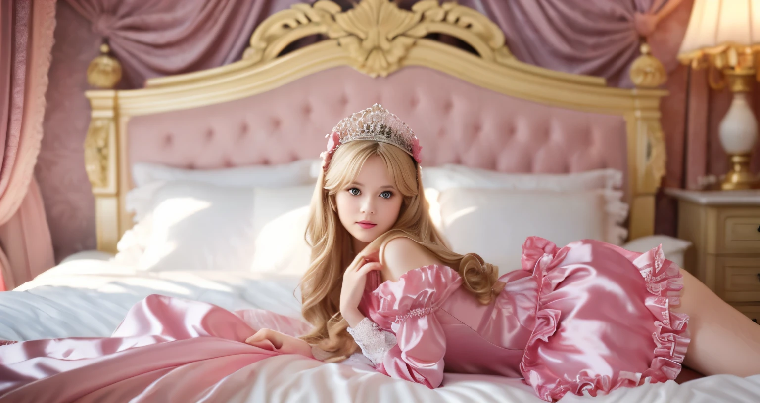 ,highest quality, masterpiece, highest resolution, artwork, super それにget used to it, many get used to it, get used to it, それにget used to it, 3K realistic photos,,(( When I was 10 years old)),Super detailed baby face,She is a princess,Full length ball gown dress with hoop skirt,ruffle yoke collar,puff sleeves,long sleeve,((Lolita style hot pink detailed princess satin dress、Comes with lots of frills and ribbons。)),colorful rococo fashion,shiny satin dress,Soft and smooth fabric,luxury,long blonde hair,blue eyes,white skin european,pajamas,((inside the palace)),,,(( When I was 10 years old)),Super detailed baby face,Full length ball gown dress with hoop skirt,long skirt,ruffle yoke collar,puff sleeves,腰まで伸びるlong blonde hair,blue eyes,white skin european,pajamas,((inside the palace bedroom)),ピンクのシルクサテンのluxuryなcanopy bedの上,canopy bed,Luxurious curtains on both sides of the bed,many frilly pillows on the bed,super detailed background,Detailed bed,romantic atmosphere,little princess is lying on the bed,hugging a pink pillow,both legs are hidden in the dress,the dress is spread across the bed,soft pink silk satin comforter,Soft silk satin ruffled pillow,Beautiful girl illustration,detailed beautiful face detailed hair,detailed human eye ,detailed mouth, arm details,detailed hand,Detailed pillow,