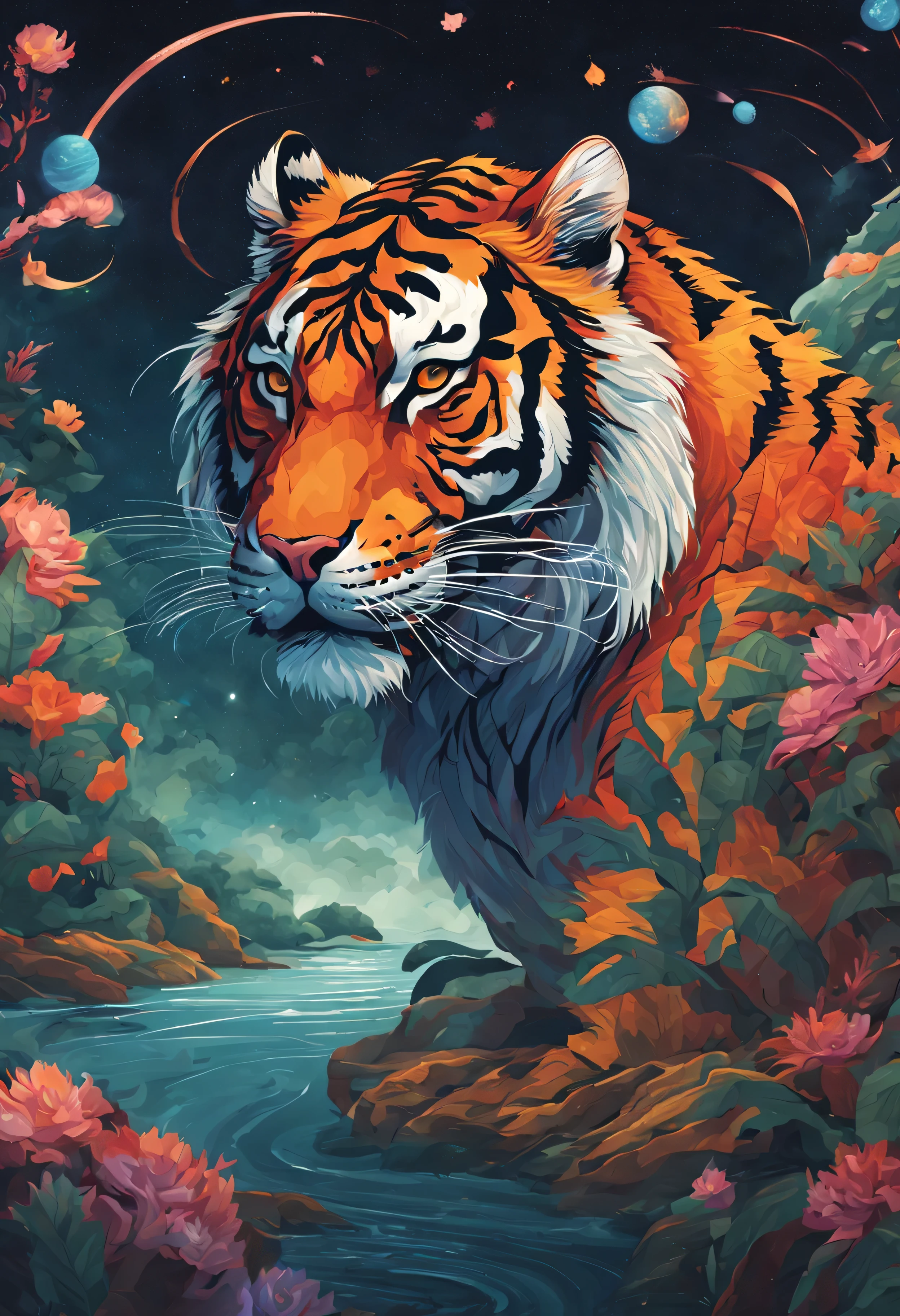 un marque-page représentant un tigre chinois traditionnel rôdant dans une galaxie de la jungle, représenté à travers une illustration numérique captivante. L'œuvre d'art met en valeur le mouvement puissant et gracieux du tigre sur fond d'étoiles cosmiques., sa longue queue crée des motifs complexes dans l'étendue cosmique. Des teintes intenses et vives amplifient l'ambiance majestueuse, mettant en lumière le voyage céleste du dragon. L'expression du tigre reflète un mélange de puissance et de tranquillité. L'éclairage dynamique ajoute de la profondeur et de la dimension à la présence du dragon au milieu des étoiles. vecteur professionnel, art MINIMALISTIQUE parfait détails de HAUTE QUALITÉ, détails ultra élevés, conception complète, Victoria, vecteur dynamique, lignes profondes, coups lourds.