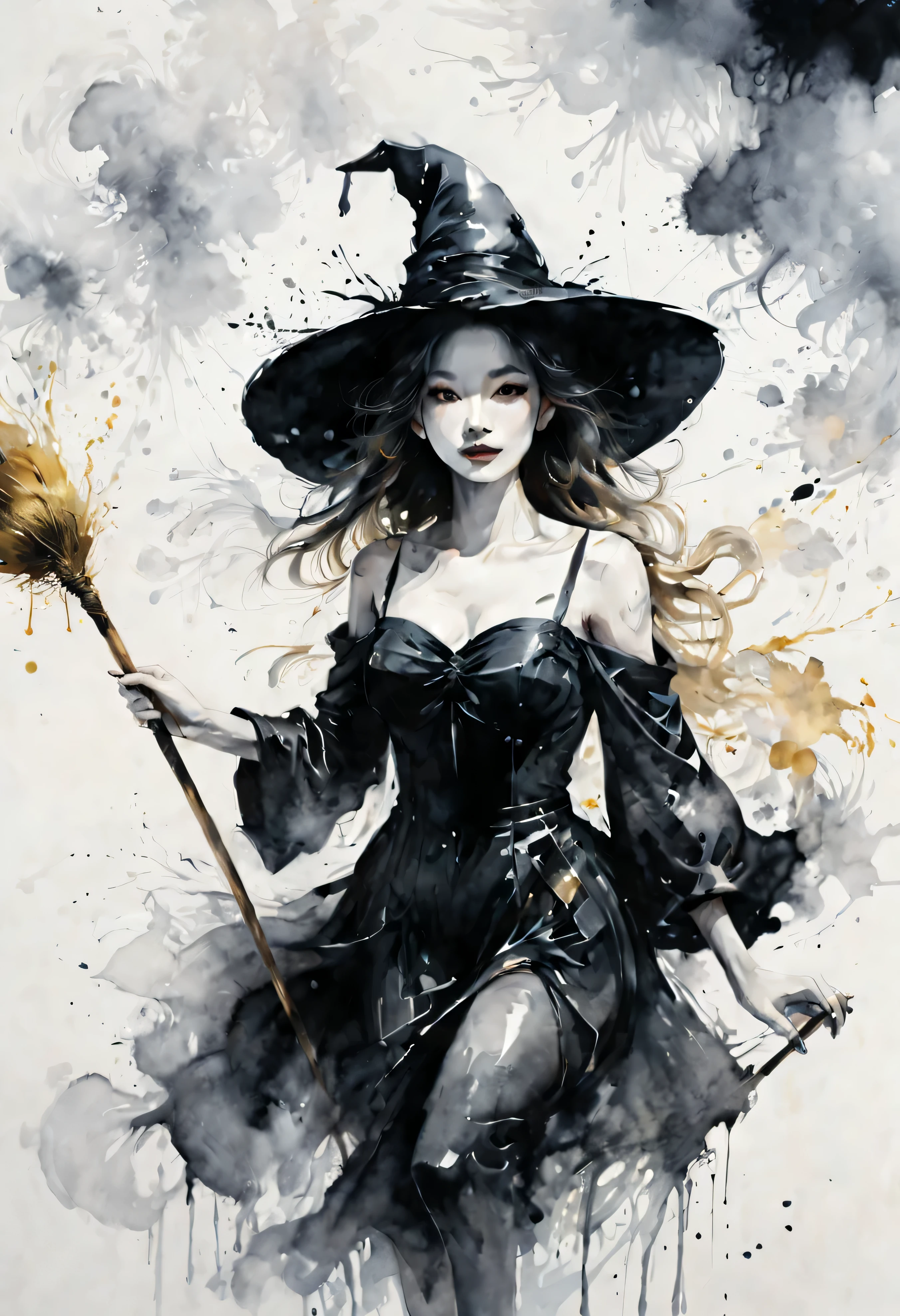 The expression and posture of the Broom Witch are shown through the contrast of ink stains..Simple black and white background.super detailed.Witch riding a broom flying in the night sky.黑白ink painting风格,ink painting, Beautiful and elegant face.Mysterious and elegant..Reveal fair and beautiful face.Outline with black ink，Ink splash effect、smooth lines，Displays characters&#39; Express expressions and postures through ink contrast，The background is simple，emphasize light, shadow and space。(best quality,4K,8k,high resolution,masterpiece:1.2),light tone.Light gold color scheme、high resolution细节、Ink splash effect、Bright and fresh colors