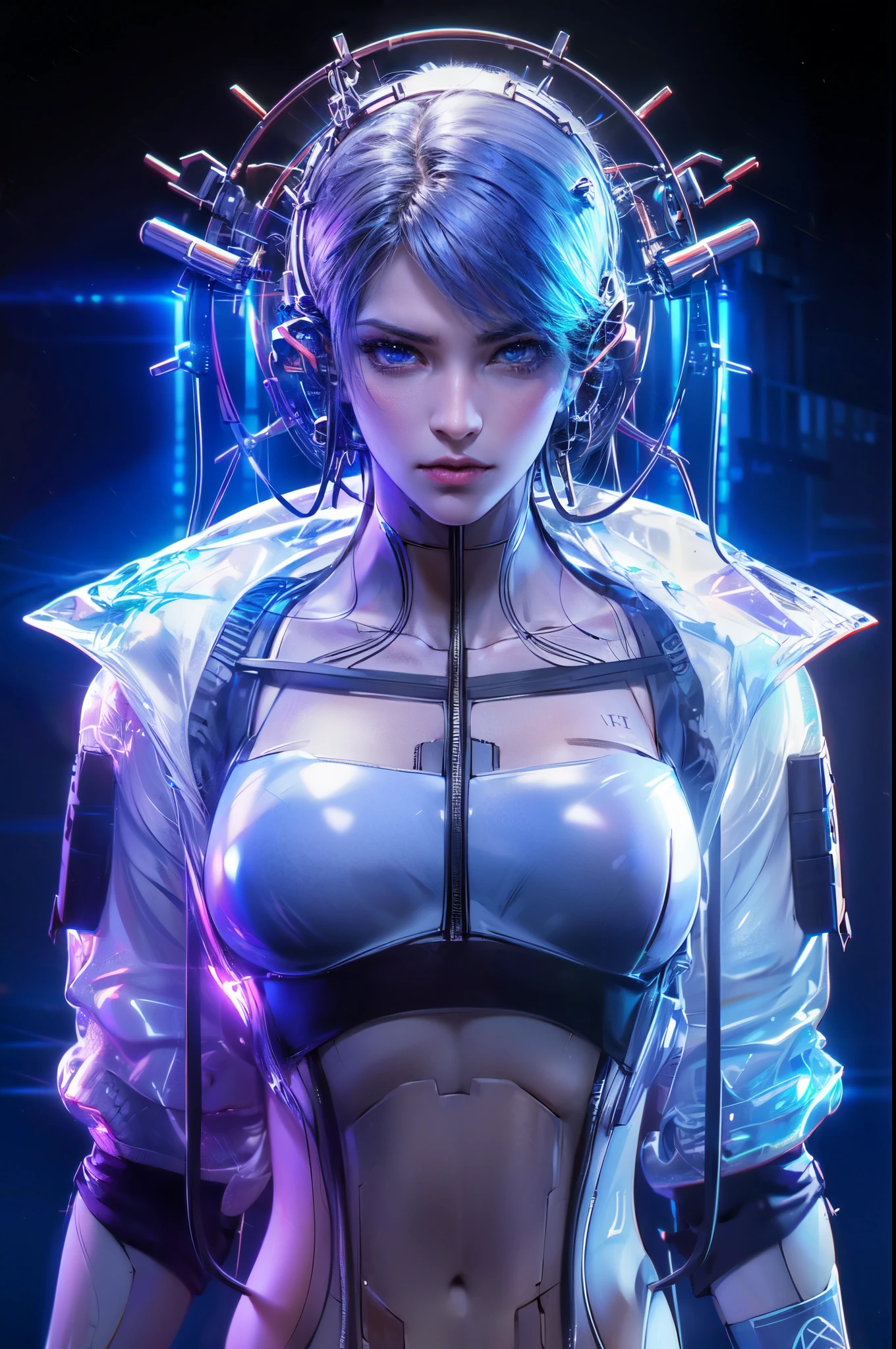 a humanoid with a highly detailed, futuristic robotic design. The facial features are human-like with blue eyes, surrounded by intricate silver mechanical parts that resemble a form of advanced cybernetics. The head is adorned with a metal crown-like structure interwoven into the hair. The body is clad in white armor with blue glowing elements, suggesting a blend of technology and elegance. The arms are fully robotic, with visible joints and segments, highlighting a sophisticated level of machinery. The overall aesthetic is a blend of delicate human traits and cutting-edge robotics