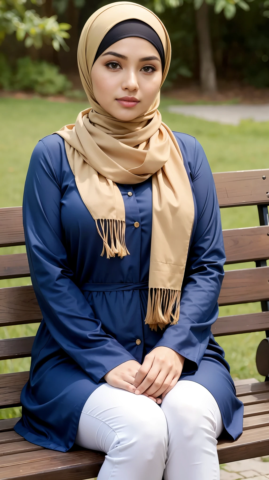 RAW, Best quality, high resolution, masterpiece: 1.3), beautiful Malay woman in hijab, Masterpiece, perfect fit body, big breasts,thick thighs, beautiful face, beautiful big eyes, Soft smile, ((close up)), muslim woman sitting on a bench wearing a scarf, beautiful appearance, modestly dressed, golden blue long clothes, wearing long eloquent clothes, low contrast!!, beautiful picture, wearing long business casual clothes, sitting relaxed, casual pose, long casual clothes style, dress simple length, hijab, great expression