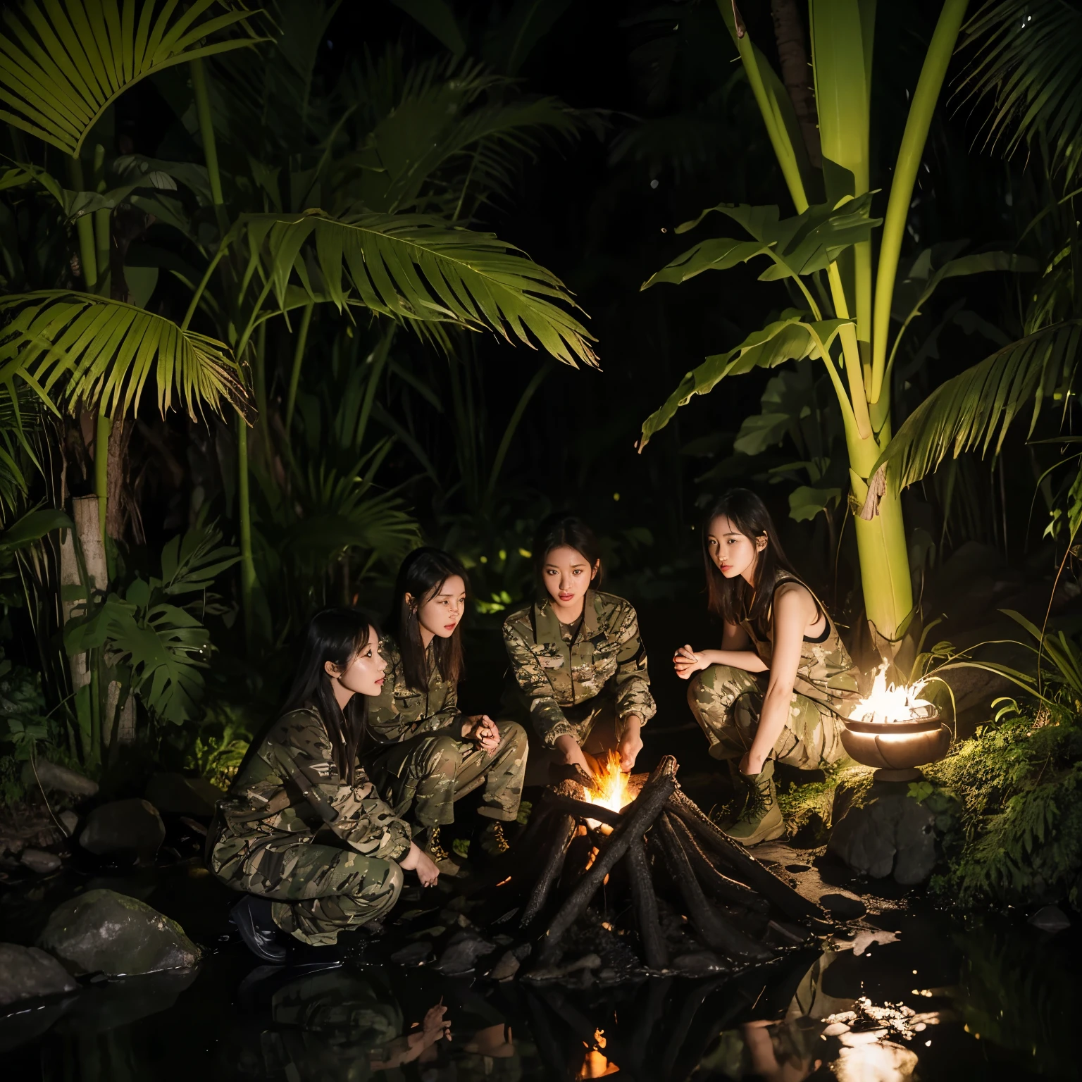 create a hyper-realistic night photo of Korean girls group in the jungle at the night. they wear Camouflage vest, pants and jungle boots. near the river. detail rocks. banana plants. High contrast. detail plants. Clear color. dark theme. campfire.