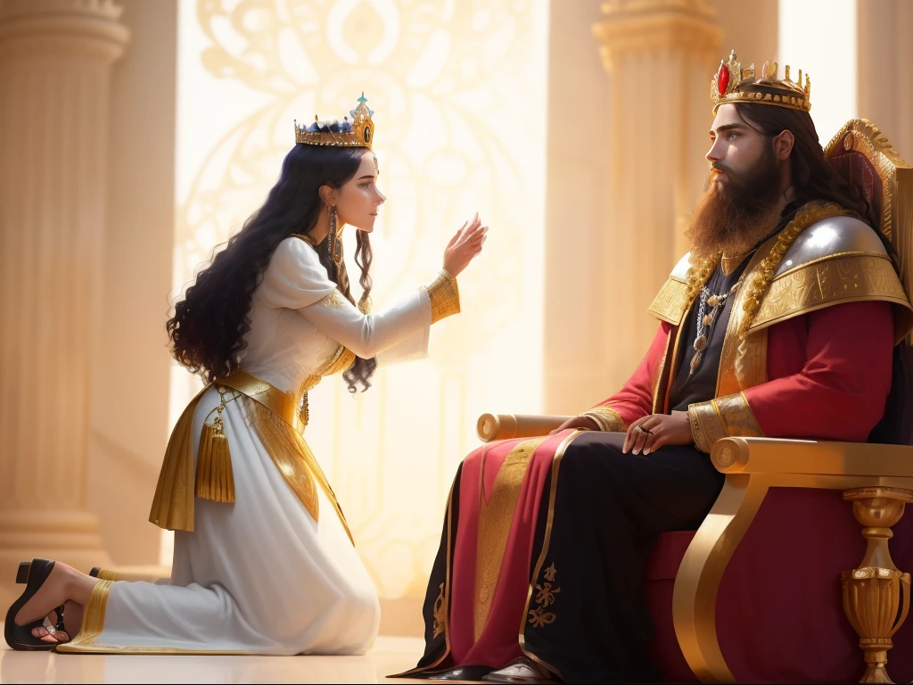 há uma mulher with a crown on her head, ajoelhada diante de um rei. The woman is kneeling. There's a king with a beard sitting on his throne, with a crown on her head. There is a servant standing. Trajes reais. biblical costumes. biblical style. biblical setting, Estilo comics