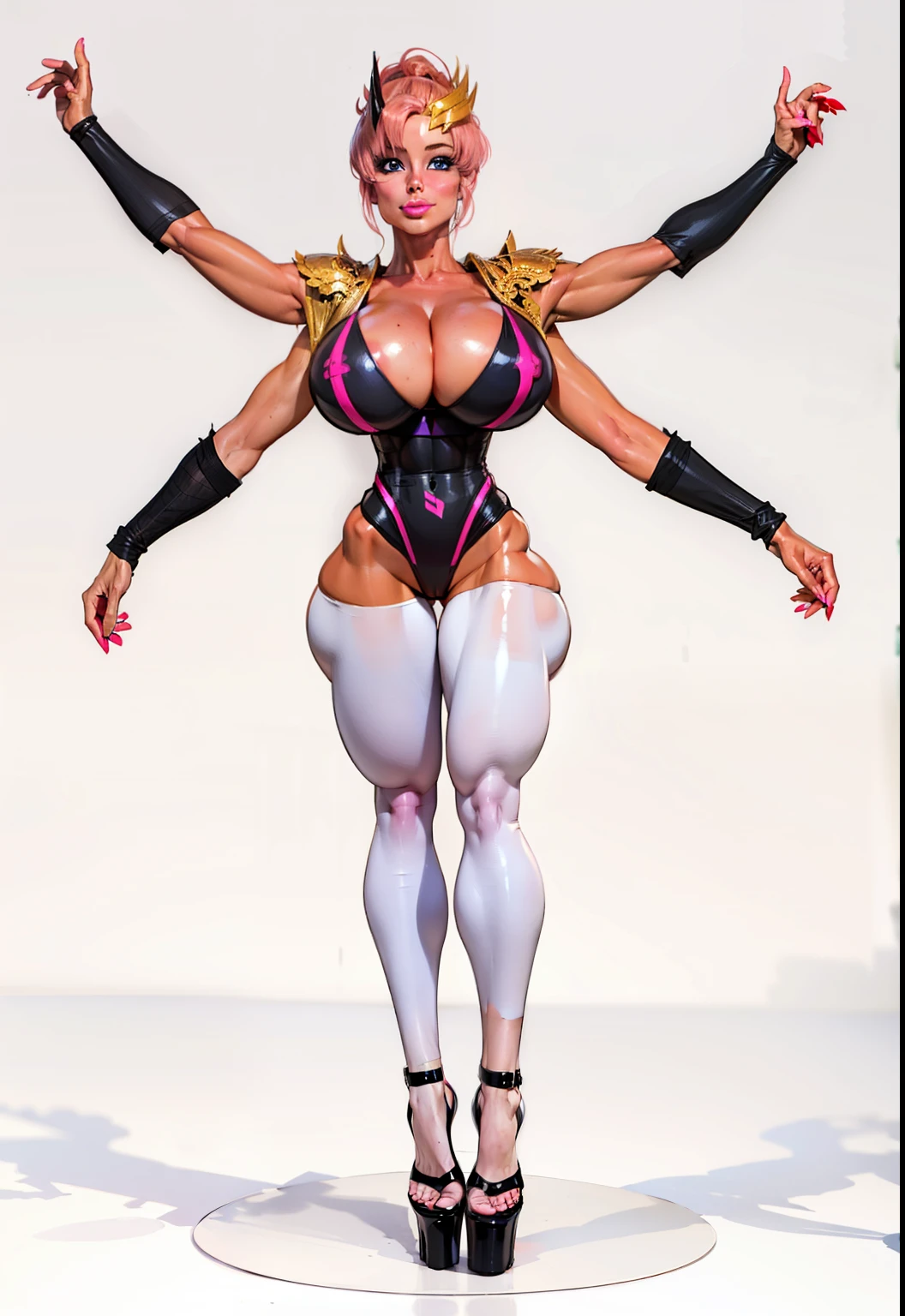 blush, ((lacus clyne)), smile, glowing aura, (gundam), sci fi, natural light, ((masterpiece)), glossy skin, juicy lips , sexy, hot, cleavage, evil,juicy lips, bimbo, ((gundam seed destiny)), hour glass figure,(( light pink hair)), ((really long hair)), (slendered abs:1.4), wide eyes, blue eyes, (gigantic breasts:1.3), dark lighting, (black heels), off theshoulder leotard, ((white leotard)), ((intricate leotard:1.2)), ((tan skin :1.3)), (colored skin),raised arms, perfect hands, black gloves, long cape