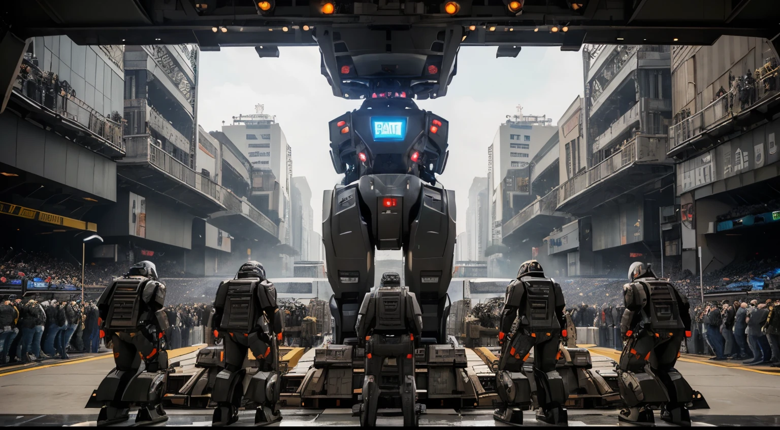 (obra de arte, melhor qualidade), giant humanoid war robots, a production line of humanoid war robots, several robots being loaded by cranes in a huge queue, futuristic and autonomous, imposing war robots, (camera framing from behind), (humanoid robot), robots similar to Ultron from the Avengers