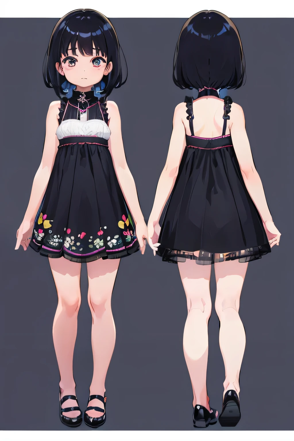 plusieurs vues, 1 fille de 10 ans, robe d&#39;été courte, Sans manches, Girls - Chaussures plates noires Boucle Babies, Arrière-plan simple, fond blanc, tout le corps,