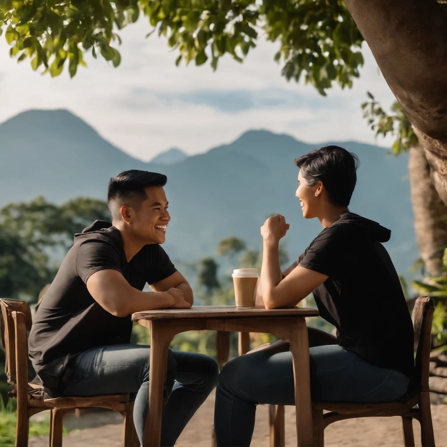 Indonesian male, 28 years old, slightly chubby, neat short hair. wearing a black t-shirt and sneakers, a beautiful 25 year old Indonesian adult woman with short black hair. black hoodie and jeans. wearing sneakers. They smiled happily sitting on a long wooden chair with a cup of coffee and cake on their table.
Background view of mountains, green village and clear blue sky.
There is a traditional building clearly visible in the background