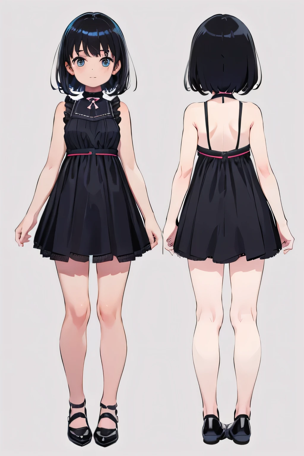 plusieurs vues, 1 fille de 10 ans, robe d'été courte, Sans manches, Girls - Chaussures plates noires Boucle Babies, Arrière-plan simple, fond blanc, tout le corps,