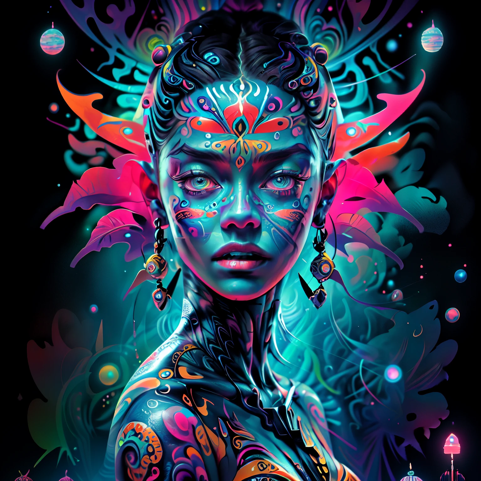 (High resolution, incredibly detailed, masterpiece), portrait of xenia ua,dj xenia , whole body with bodypaint ,open mouth,featuring fractal geometry in (vibrant colors:0.8), set against a (galactic background:1.2), bringing together complex, mesmerizing shapes and patterns.dmt .