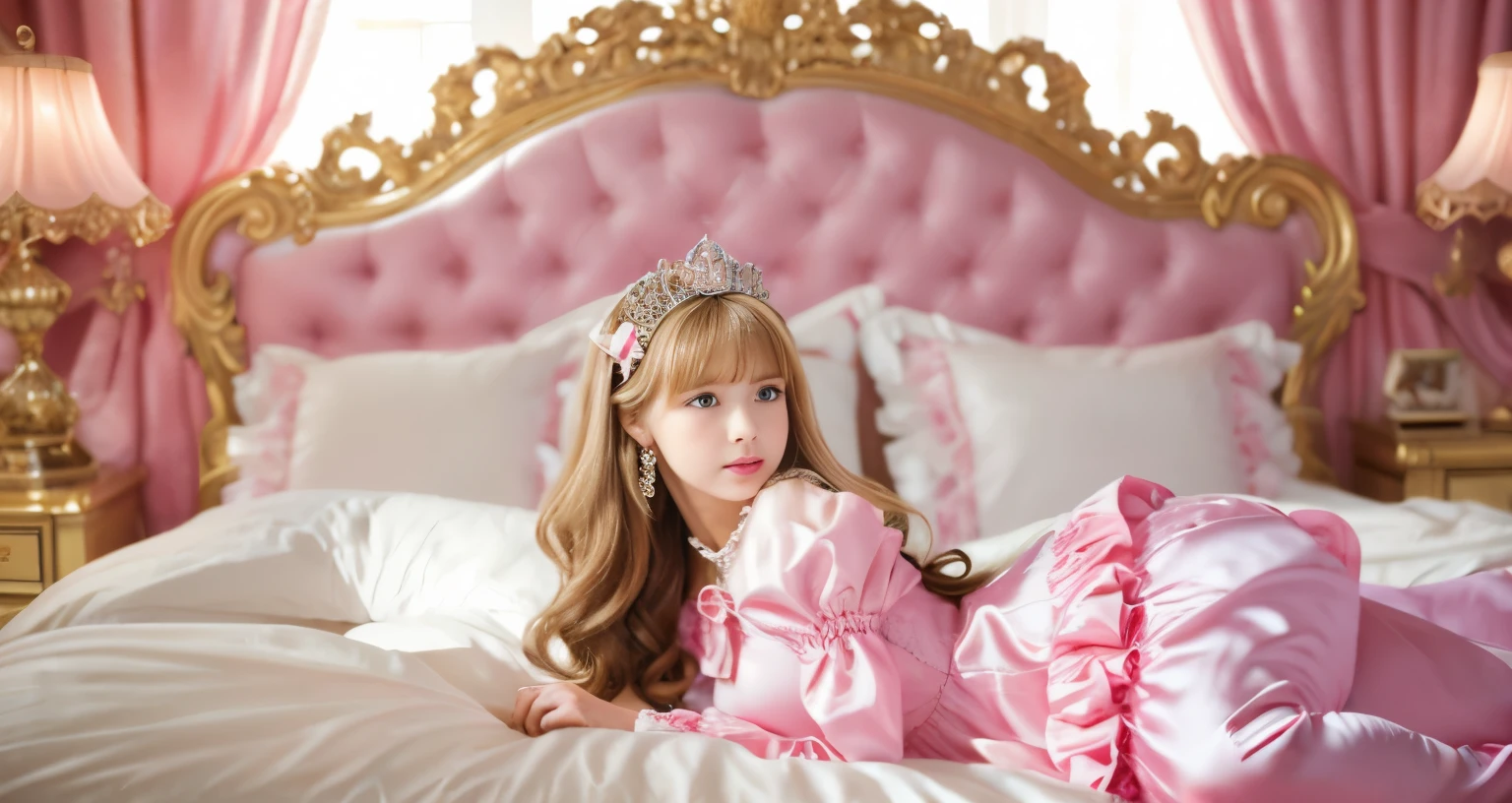 ,highest quality, masterpiece, highest resolution, artwork, super それにget used to it, many get used to it, get used to it, それにget used to it, 3K realistic photos,,(( When I was )),Super detailed baby face,She is a princess,Full length ball gown dress with hoop skirt,ruffle yoke collar,puff sleevesg sleeve,((Lolita style hotdetailed princess satin dress、Comes with lots of frills and ribbons。)),colorful rococo fashion,shiny satin dress,Soft and smooth fabric,luxury,long blonde hair,blue eyes,white skin european,pajamas,((inside the palace)),,,(( When I was 10 years old)),Super d face,Full length ball gown dress with hoop skirt,long skirt,ruffle yoke collar,puff sleeves,腰まで伸びるlong blonde haiue eyes,white skin european,pajamas,((inside the palace bedroom)),ピンクのシルクサテンのluxuryなcanopy bedの上,canopy bed,Luxurious curtains on both sides of the bed,many frilly pillows on the bed,super detailed background,Detailed bed,romantic atmosphere,little princess is lying on the bed,hugging a pink pillow,both legs are hidden in the dress,the dress is spread across the bed,soft pink silk satin comforter,Soft silk satin ruffled pillow,Beautiful girl illustration,detailed beautiful face detailed hair,detailed human eye ,detailed mouth, arm details,detailed hand,Detailed pillow,